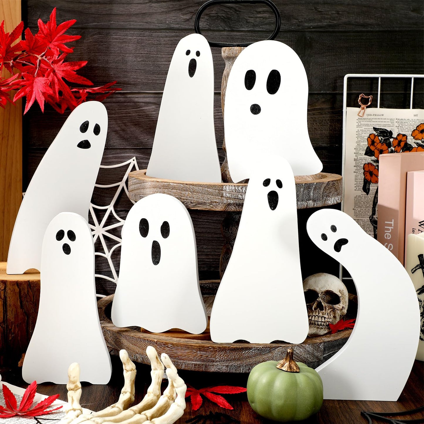 Whaline 7Pcs Halloween Wooden Table Signs Cute Ghost Shape Wooden Cutouts Rustic Tiered Tray Decor for Home Office School Desk Tabletop Decoration
