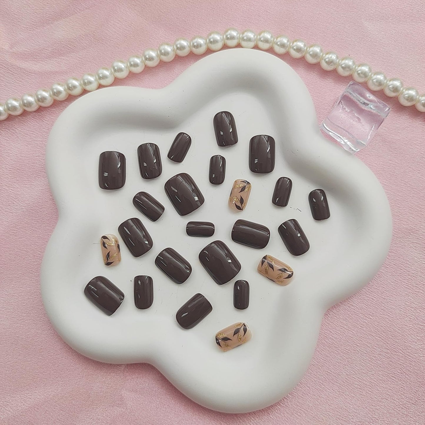 Square Press On Nails with Golden Glitter & Leaves Designs - Fall Nails, Glossy Glue On, Brown, Full Cover Acrylic Stick Ons for Women - 24 Pcs
