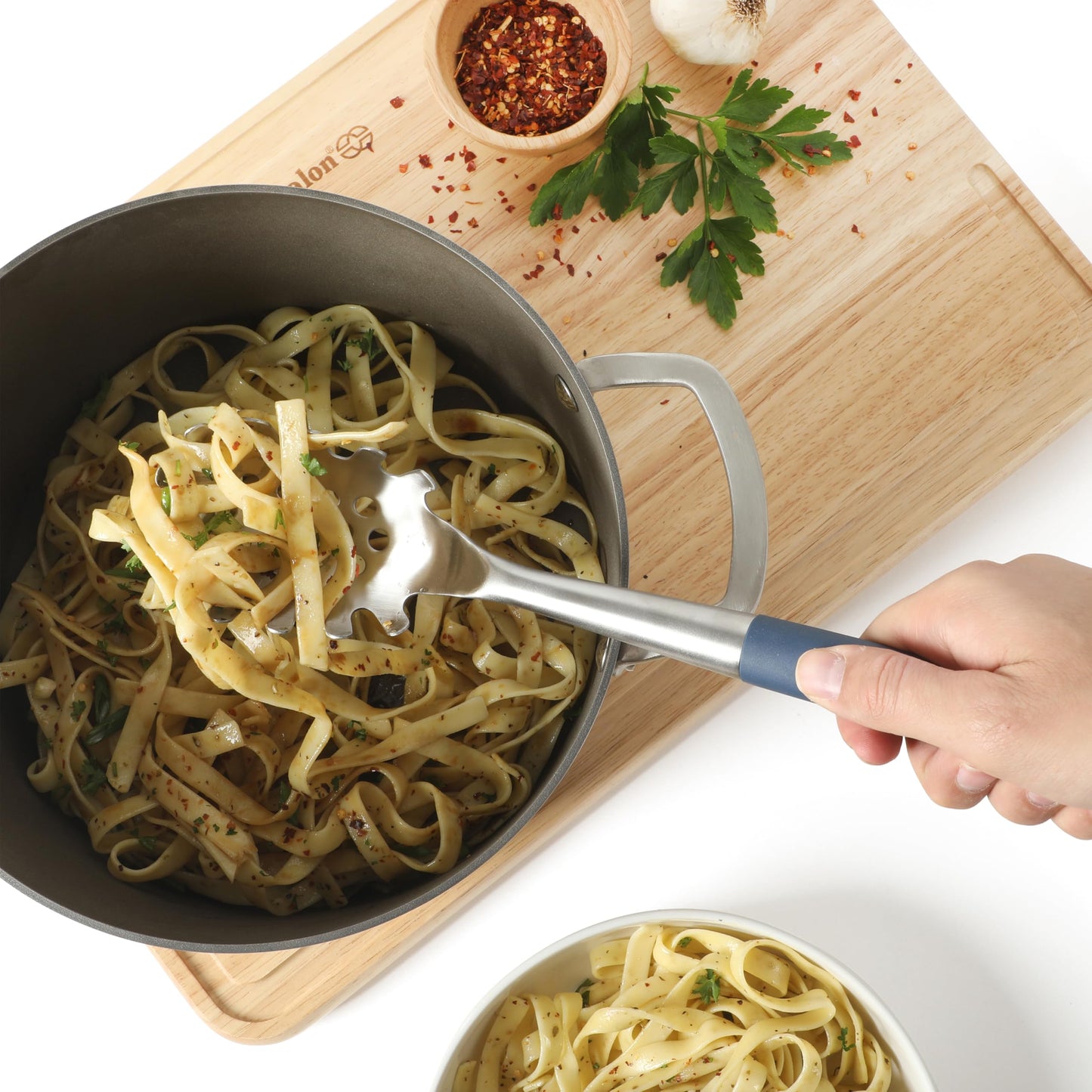 Calphalon Edge Stainless Steel Spaghetti Pasta Server w/Thermoplastic Rubber Handle - Navy Blue