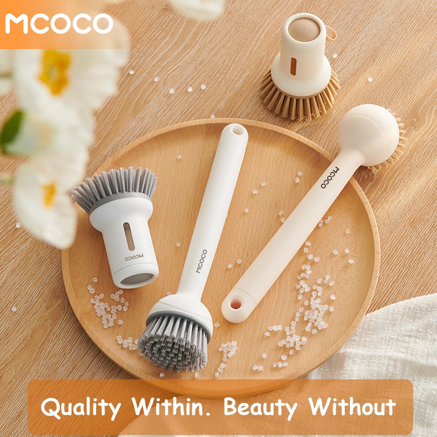 MCOCO Dish Brush Set with Soap Dispensing Palm Brush Dish Scrub Brush with Soap Dispenser Palm Dish Brush Kitchen Cleaning Brush with Ergonomic Long Handle for Cleaning Sink, Pot, Pan, Stove, Yellow
