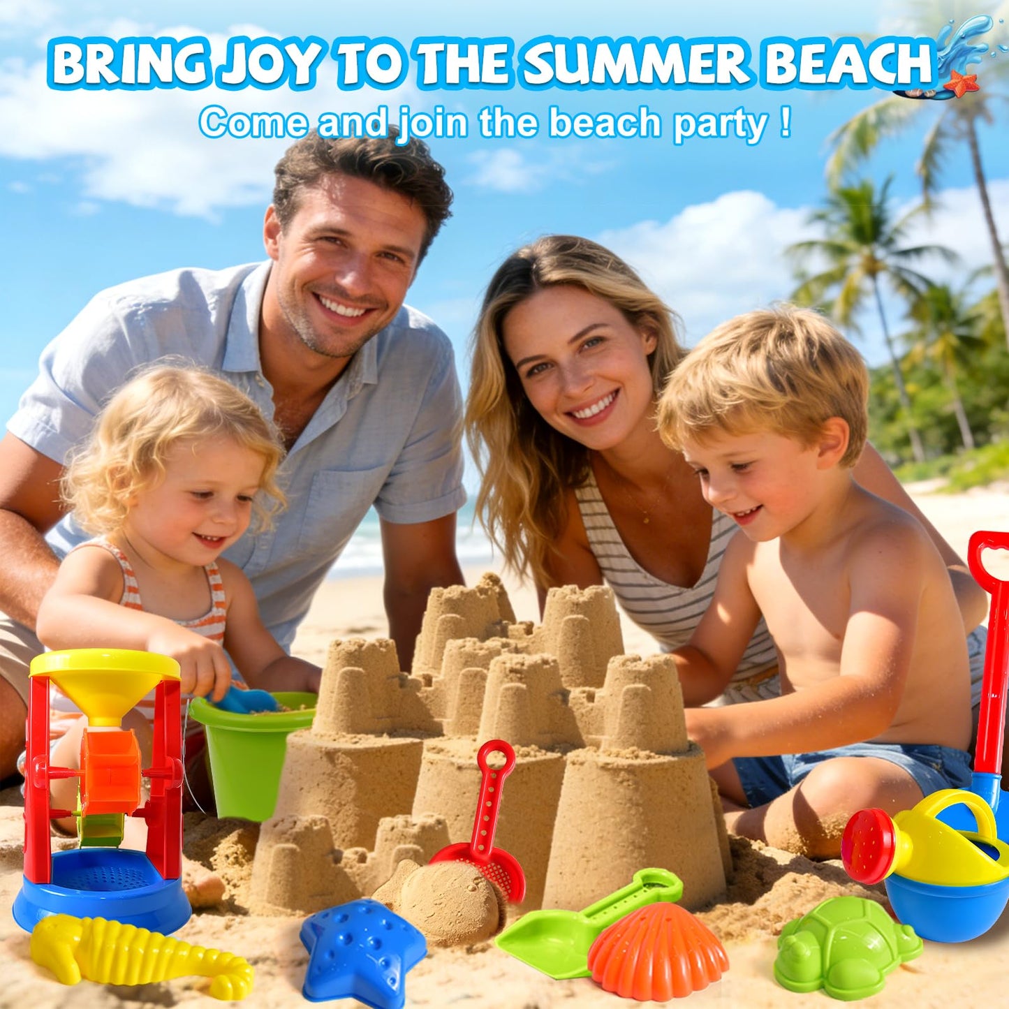 Beach Toys, 19 Piece Sand Toys Set Kids Sandbox Toys Includes Water Wheel Beach Tool Kit Bucket Watering Can Molds with Mesh Bag for Kids Ages 3-13