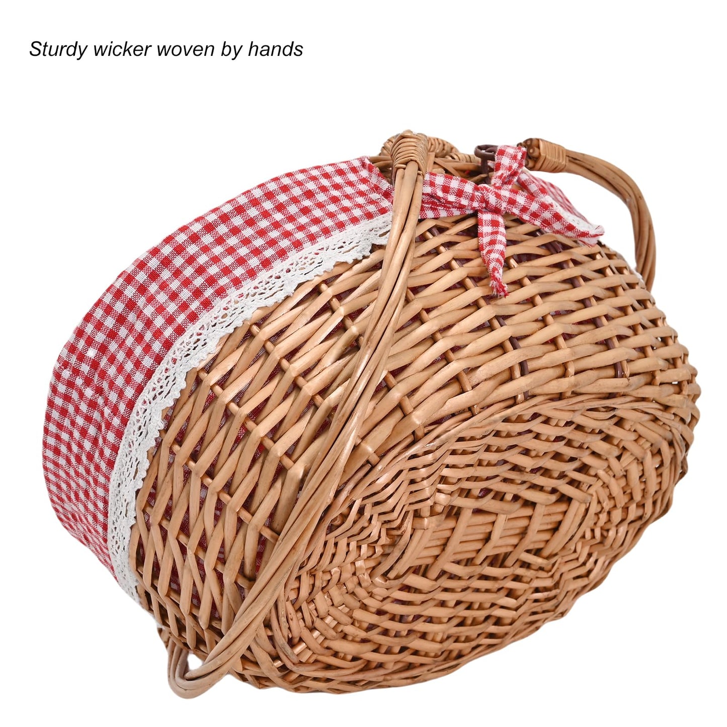 Wicker Picnic Basket with Removable Liner Empty Picnic Baskets with Lid for 2, Picnic Hamper with Foldable Handles for Picnic 2,Checkered