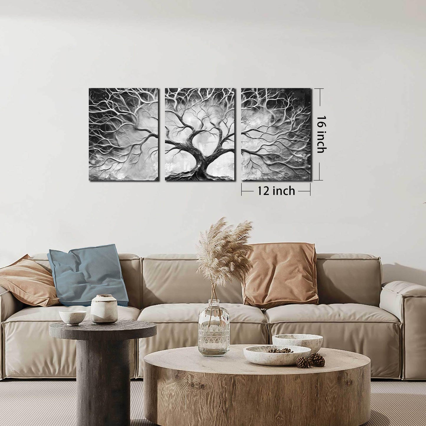 Tree Wall Art for Living Room - Modern Black and White Pictures Wall Art for Bedroom - 3 Piece Wall Decor for Office Size 12" x 16"