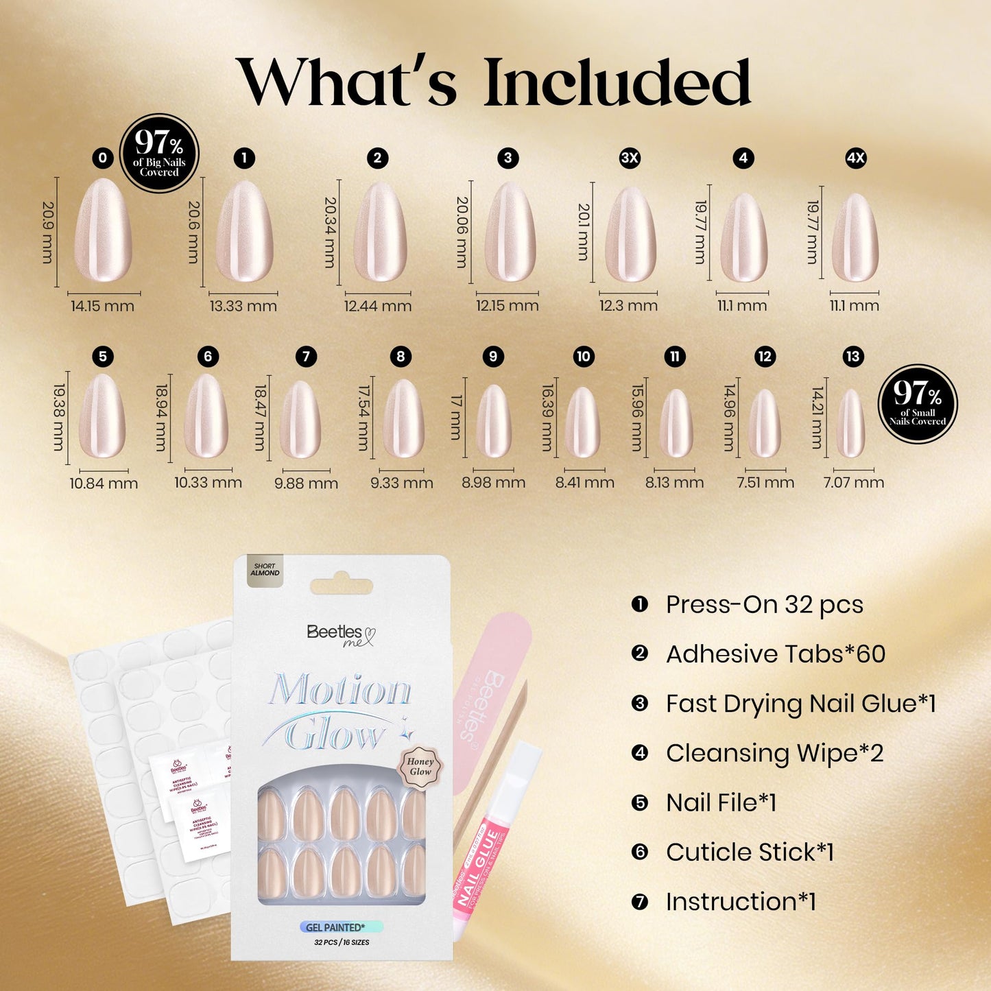 Beetles Motion Glow Cat Eye Press On, Short Almond Press On Nails Kit, 32pcs 16 Sizes, Girls Stick On Nails with Adhesive Tabs & Fast-Dry Nail Glue, Salon-Ready Gift for Women Honey Glow