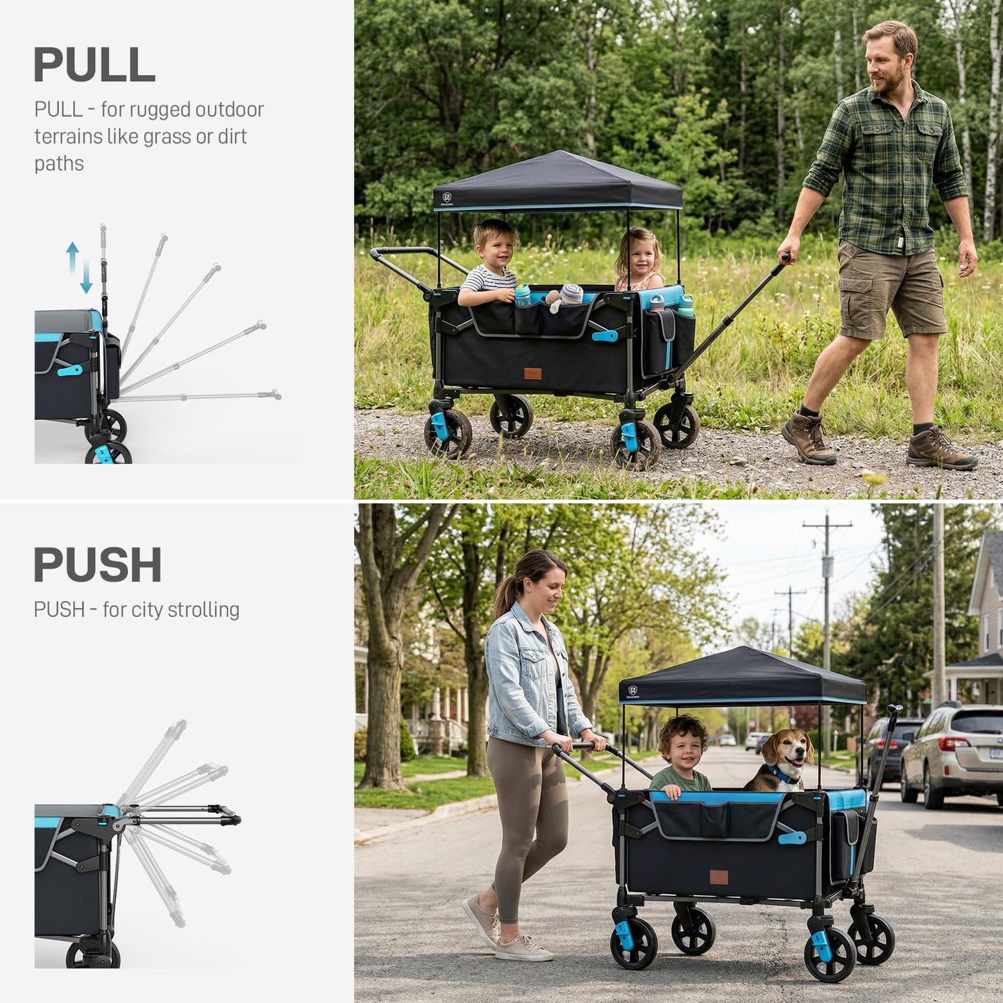 EVER ADVANCED Wagon Stroller for 2 Kids, Compact One-Step Fold Stroller Wagon with Adjustable Push/Pull Handles, Folding Wagon for Travel, Park & Beach, Includes Removable UV Canopy, Blue