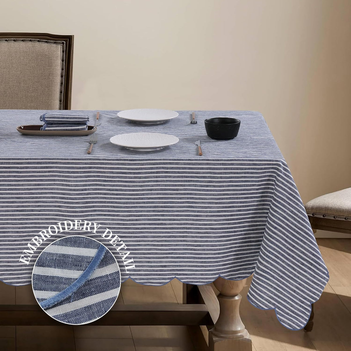 100% French Flax Linen Tablecloths Scalloped Embroidery Rectangle 120Lx60W Inch for Dinners, Parties, Spring, Machine Washable, 10-12 Sets, Blue Stripe(Edges-Blue)