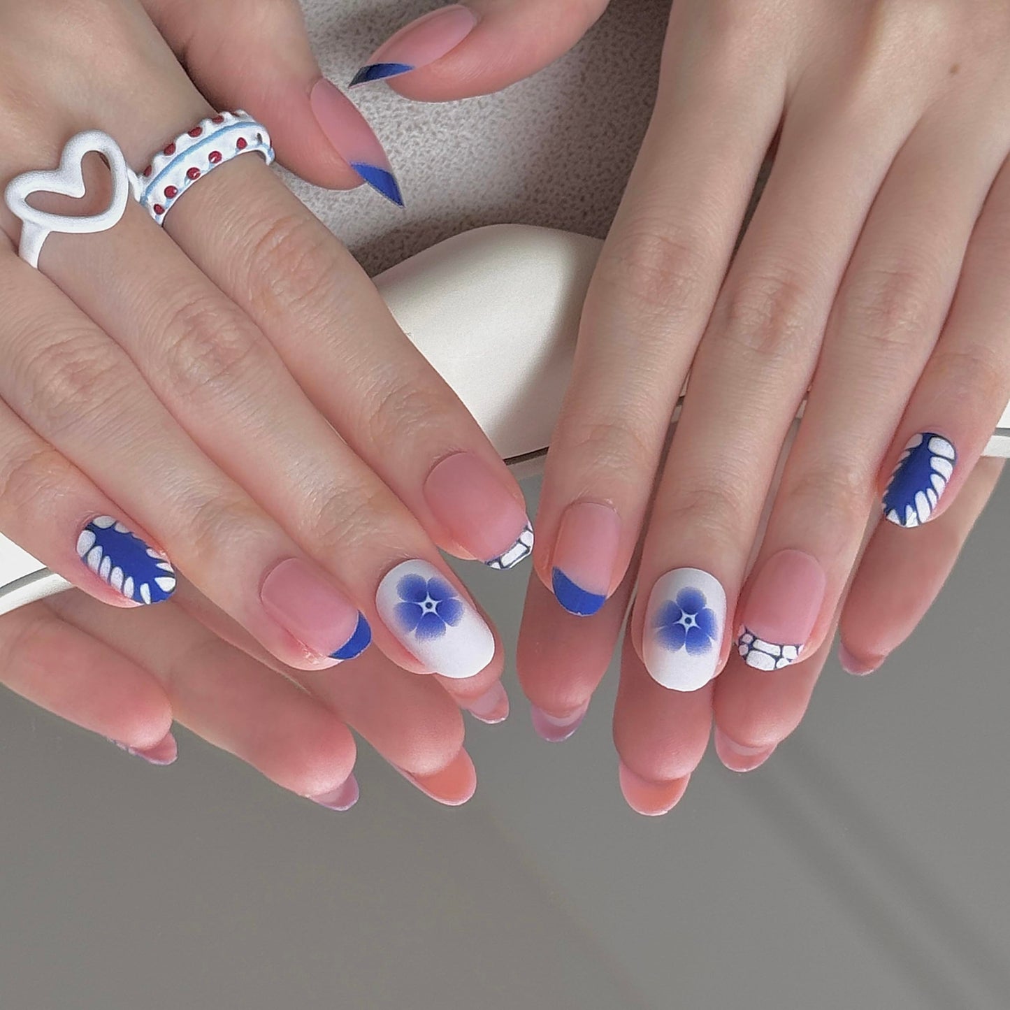 24 Pcs French Tips Almond Cute Press on Nails - Blue, Preppy, Handmade Flowers Designs - Short Round Nails