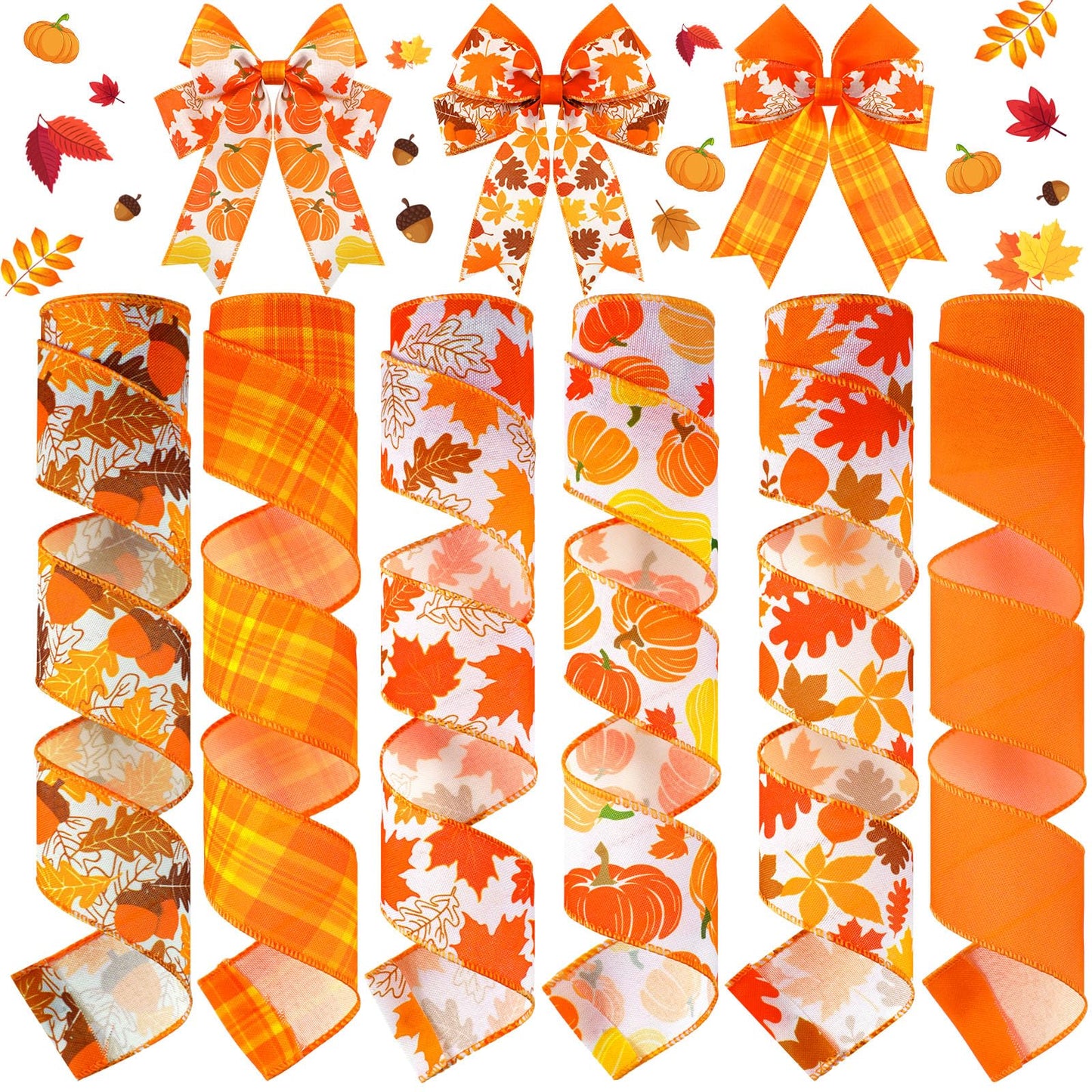 Giegxin 6 Rolls 30 Yards Thanksgiving Fall Wired Ribbon Burlap Wrapping Ribbon Plaid Pumpkin Maple Leaf Harvest Fall Thanksgiving Wreath Decoration for Autumn Crafts Bow Decor Gifts Making