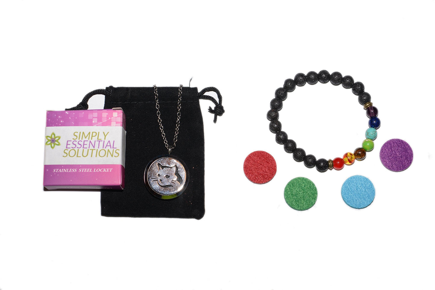 Aromatherapy Essential Oil Diffuser Stainless Steel 30MM Silver Magnetic Locket Pendant with Chain Necklace and Colored Refill Pads & Diffuser Bracelet All in a Velvet Bag (Cathead)