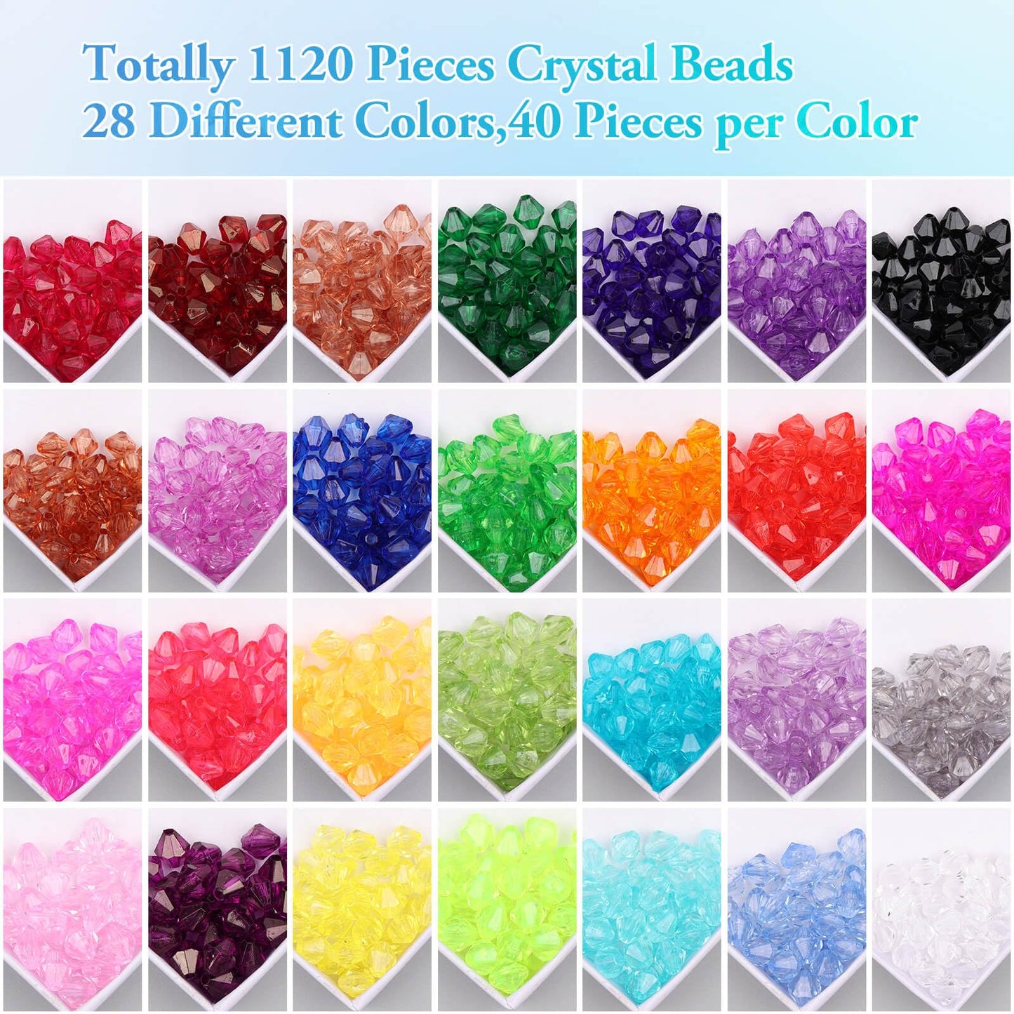 PAXCOO 1120Pcs Crystal Acrylic Bicone Beads for Jewelry Making, 28 Colors, 8 MM