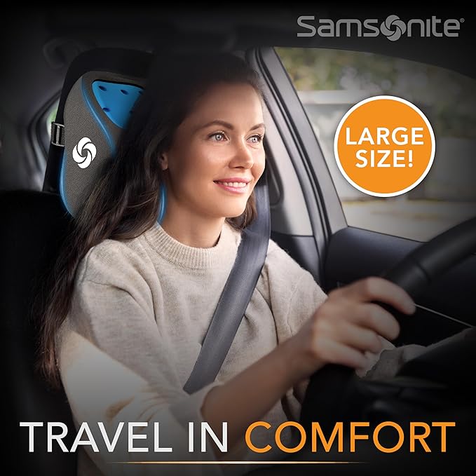 SAMSONITE, Infused-Gel Car Neck Pillow with Airflow Memory Foam, Headrest Support Cushion for Driving, Universal - Fits Any Vehicle, Including SUVs and Trucks, Washable Cover, Large Size, Gray…