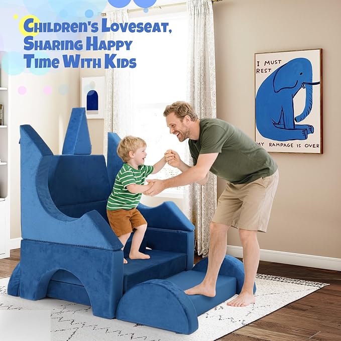 15 Pcs Modular Kids Play Couch, Toddler Couches That Fold Out, Plush Foam Chair for Children’s Playroom, Velvet Fabric Convertible Foam and Floor Cushion for Boys and Girls (Blue,27)