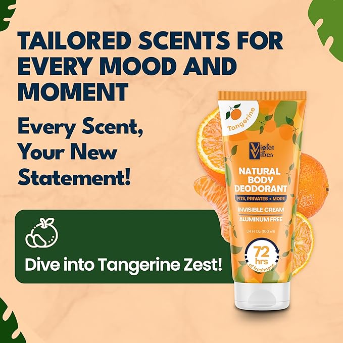 Violet Vibes Deodorant Cream for Women | Hypoallergenic & Gentle On Skin | Noni Leaf Extract, Aluminum-Free, Sensitive Skin, Fresh Odor Control for Whole Body 100mL (3.4 fl oz.) (Tangerine)