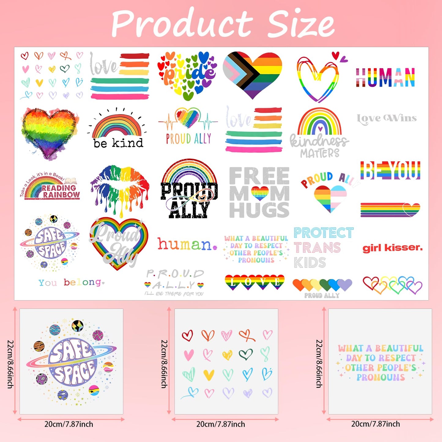 Kaudzut Gay Pride Months Iron on Transfers 20/30 Pcs Rainbow Heart LGBTQ Proud DTF Decals for Clothing DIY Crafts(StyleD-30pcs)