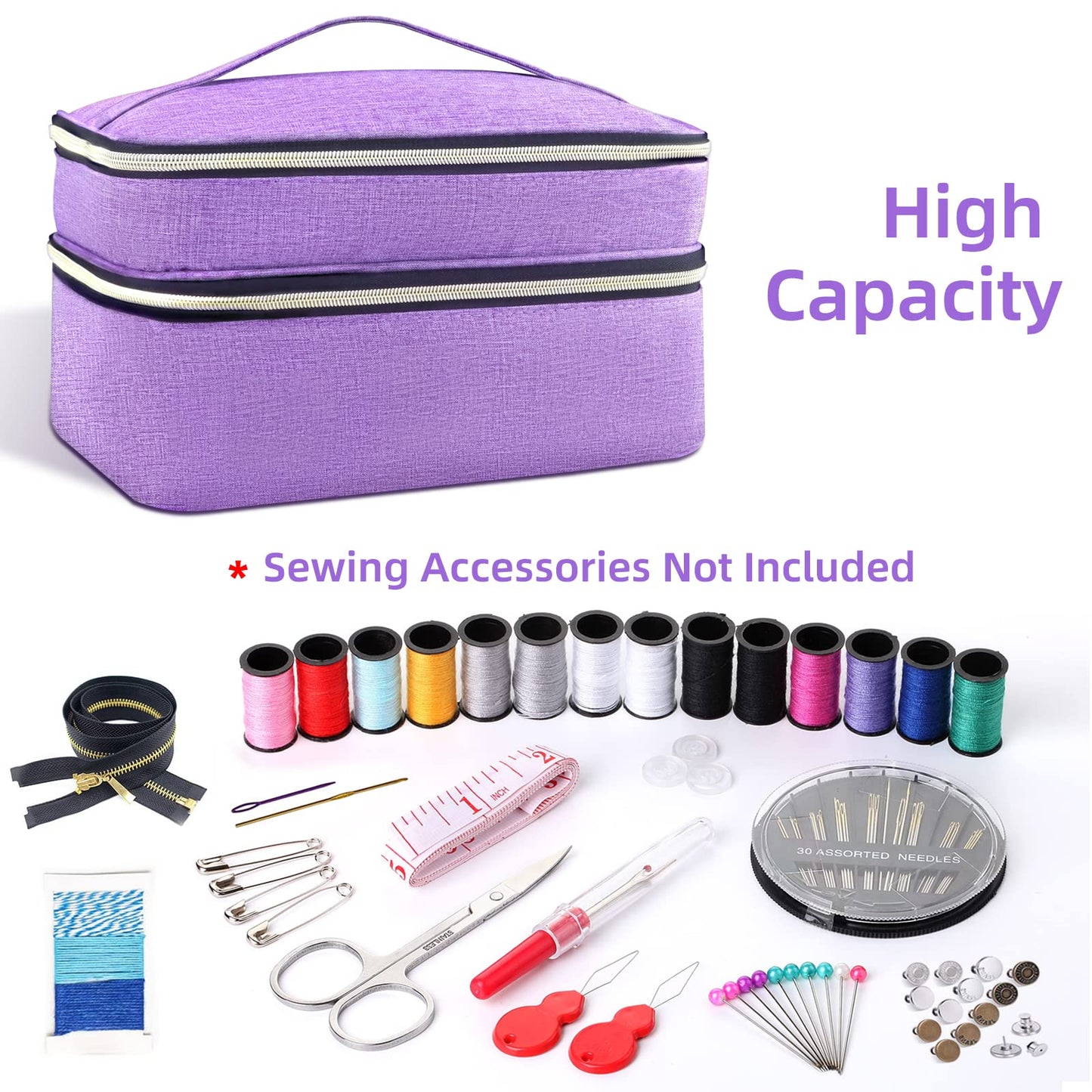 Sewing Organizer Bag - 11.5"x8"x6" Double-Layer Sewing Box with Storage for Scissors, Thread, Pins, Needles, Clips (Purple)