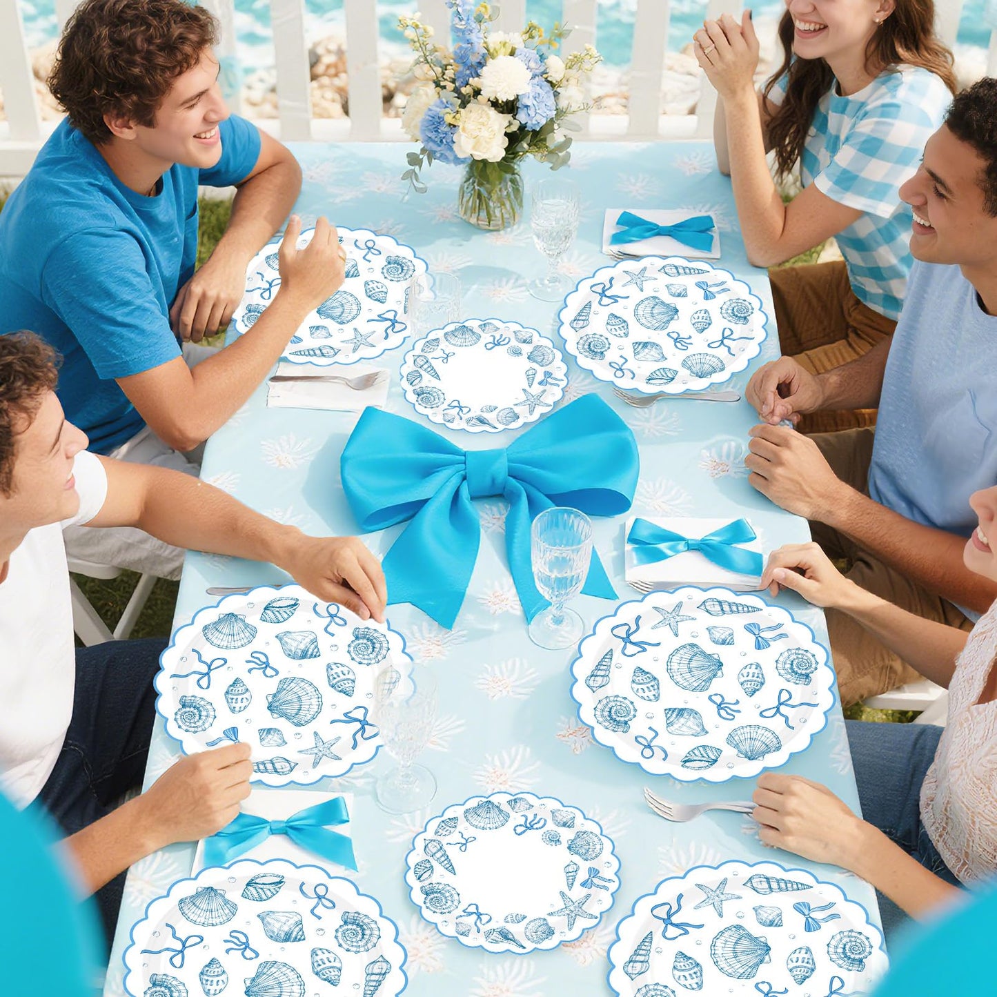 200Pcs Blue Bow Seashell Party Supplies Scalloped Ocean Coastal Party Plates and Napkins Disposable Starfish Seashell Tableware Set for Summer Beach Bridal Shower Birthday Decorations Serves 50