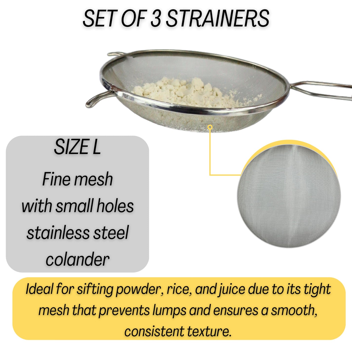 Mesh Strainers - Stainless Steel Fine Mesh Strainer - Colander-Skimmer with Handle - Sieve Sifters for Food - Strainer Sieve - Set of 3 Kitchen Strainers