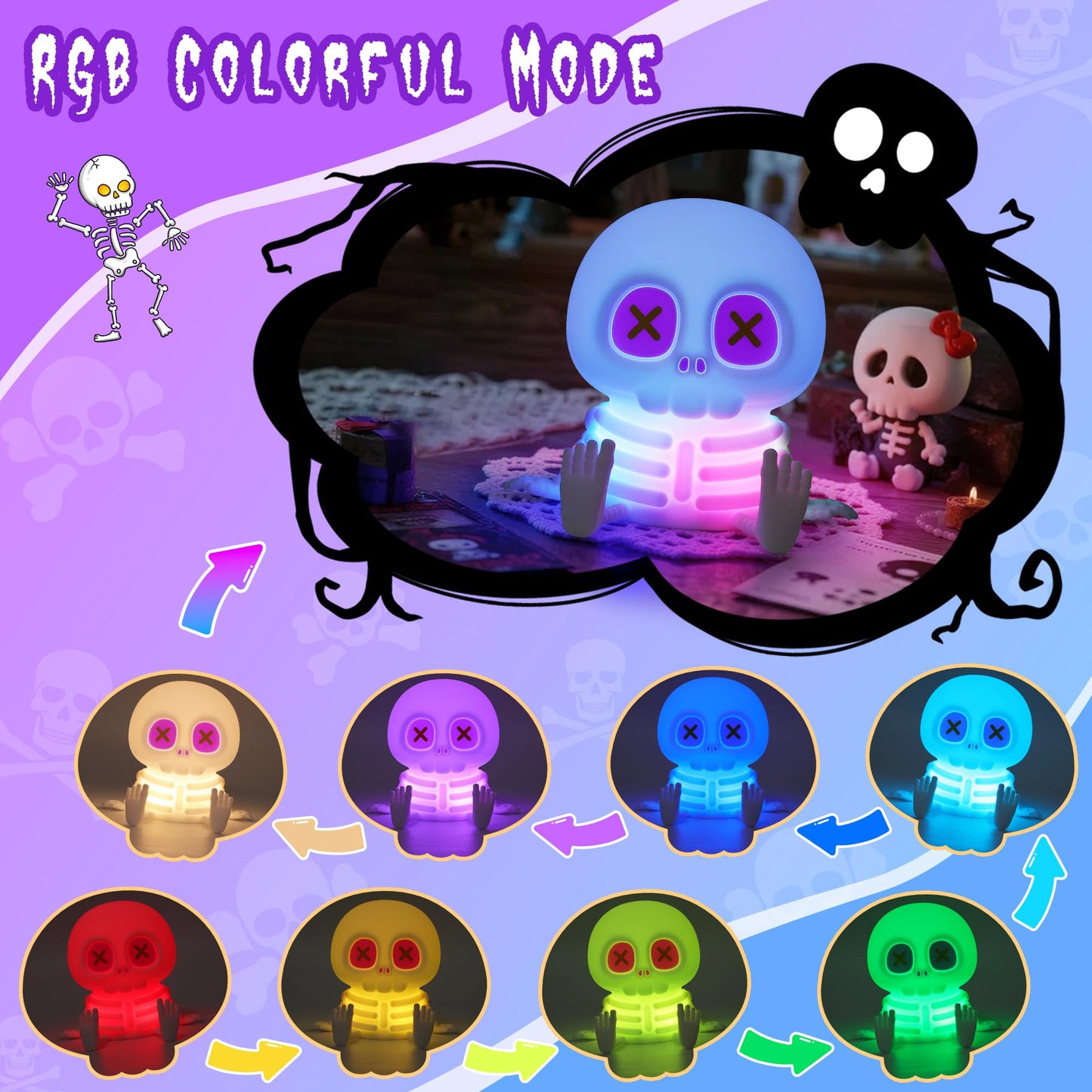 CoolGift Mart Skull Night Light, Silicone Touch Control Lamp. USB Rechargeable with Timer & Brightness Adjustment, Creates Customizable Glow for Gaming Room, Bedside, or Halloween Decor