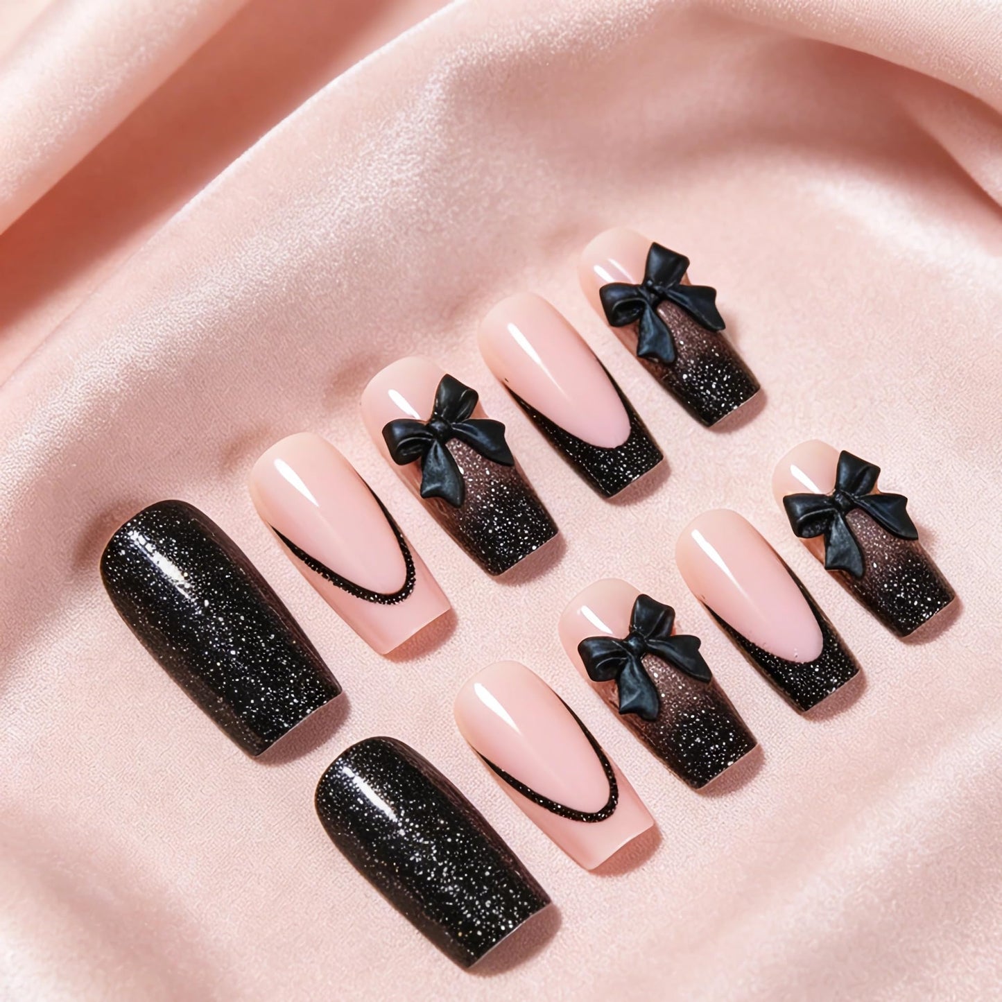 BABALAL Press On Nails, Long Square Fake Nails, Black French Tip, Bow Charm & Glitter Design, Gothic Trendy Glossy Full Cover Glue On Nails For Women And Girl 24Pcs