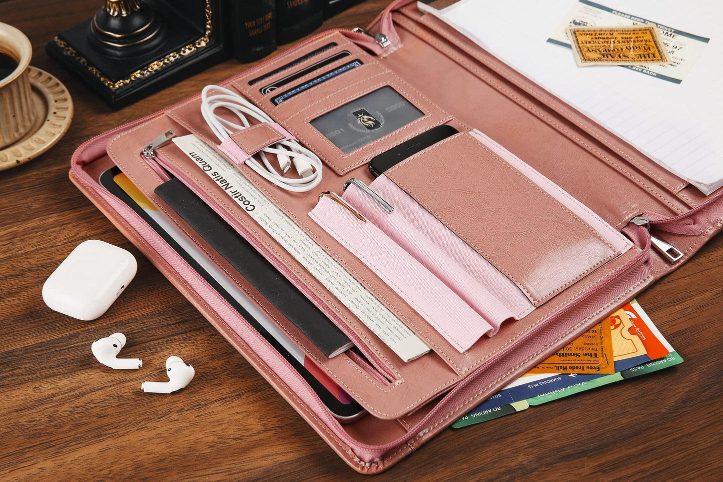 Padfolio for Women, Pink Leather Portfolio with Zipper, Vegan Leather Business Portfolio Organizer with A4 Writing Pad Holder for Resume, Interview, Meeting, Non-Custom