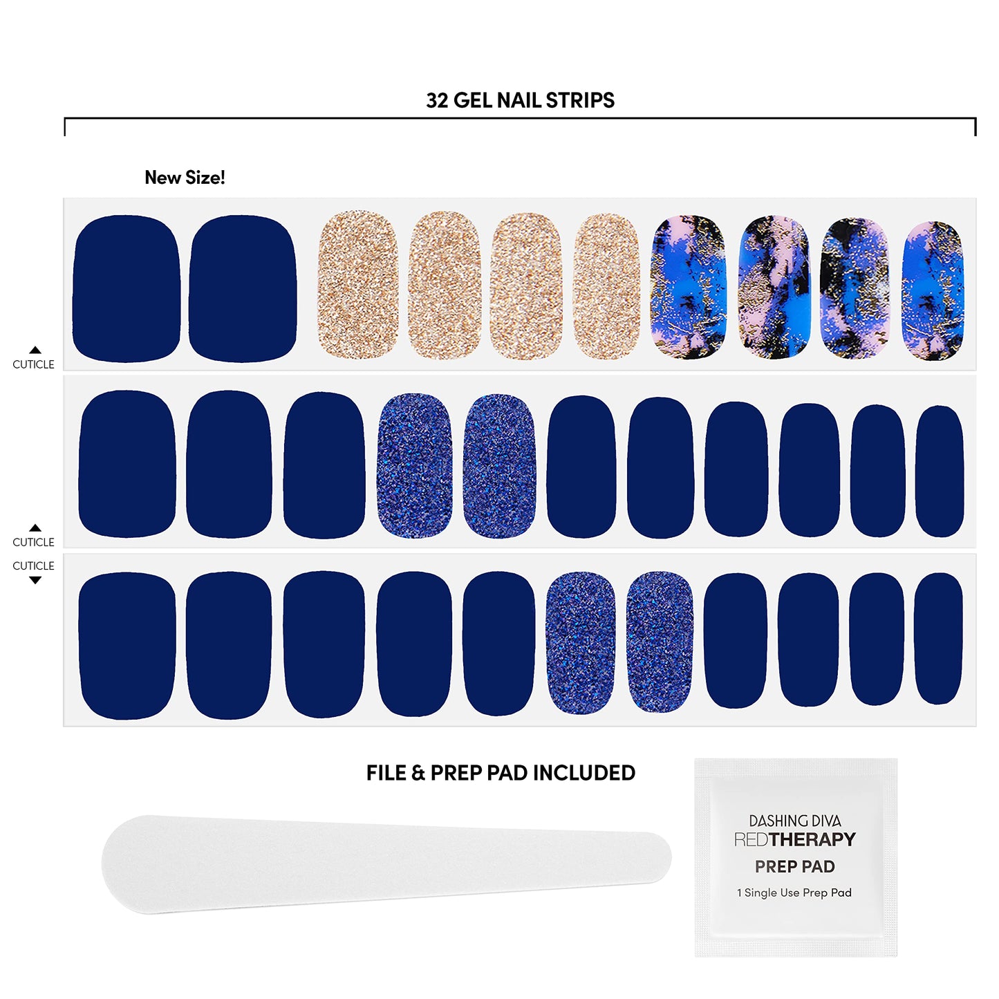 Dashing Diva Gloss Nail Strips - Blue Vixon | UV Free, Chip Resistant, Long Lasting Gel Nail Stickers | Contains 32 Nail Wraps, 1 Prep Pad, 1 Nail File