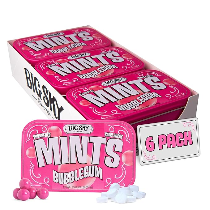 Big Sky Sugar Free Mints Bubblegum | Sugarfree, No Artificial Colors or Flavors | Kosher Certified, Vegan, Gluten Free | Aspartame & Xylitol Free | 50 Count Tin (Pack of 6)