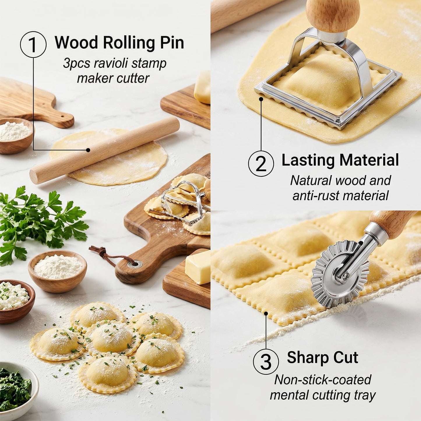 Kegeeei 5 Pcs Ravioli Mold Set, Ravioli Maker Cutter with 12 Holes Ravioli Press, 3 Shape Cutters & Wood Rolling Pin for Pasta, Dumpling, Meat Pie Making - Complete Kitchen Tool Kit
