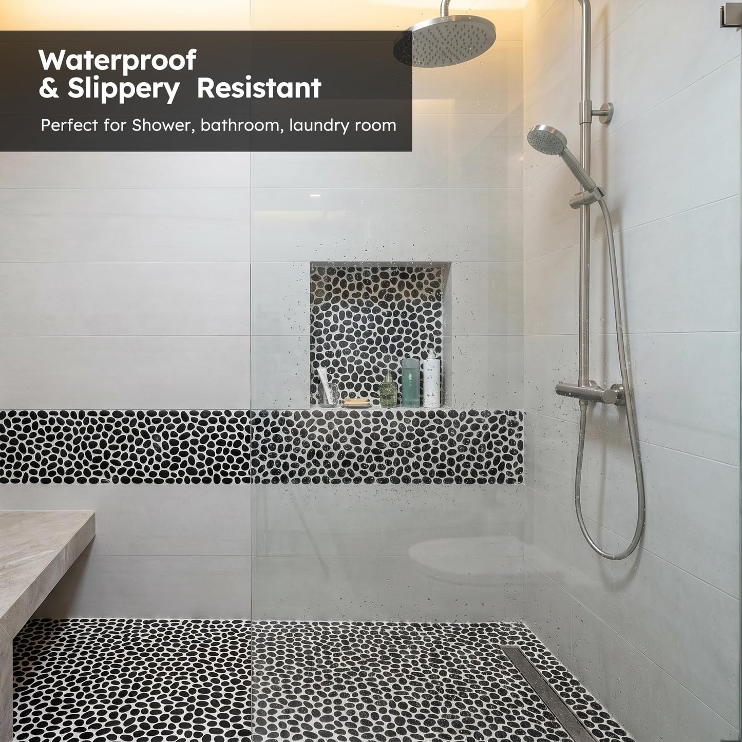 Diflart Pebble Tile for Shower Floor, Black Oval, 5 Sheets, Pebble Mosiac Backsplash for Kitchen Bathroom Wall and Floor Tile