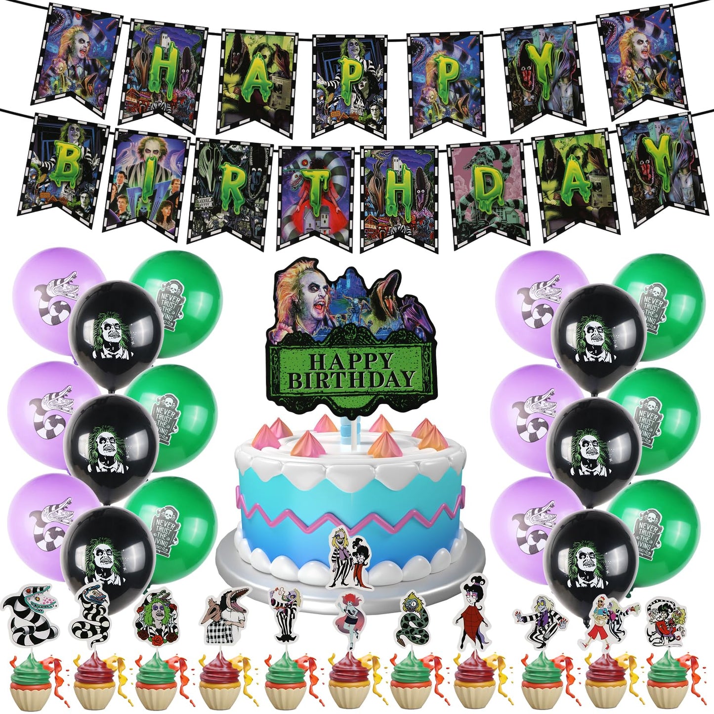 Horror Birthday Party Decorations, Halloween Birthday Party Supplies Decorations Set Include Banner, Balloons, Cake Toppers and Cupcake Toppers for Home Classroom Decor