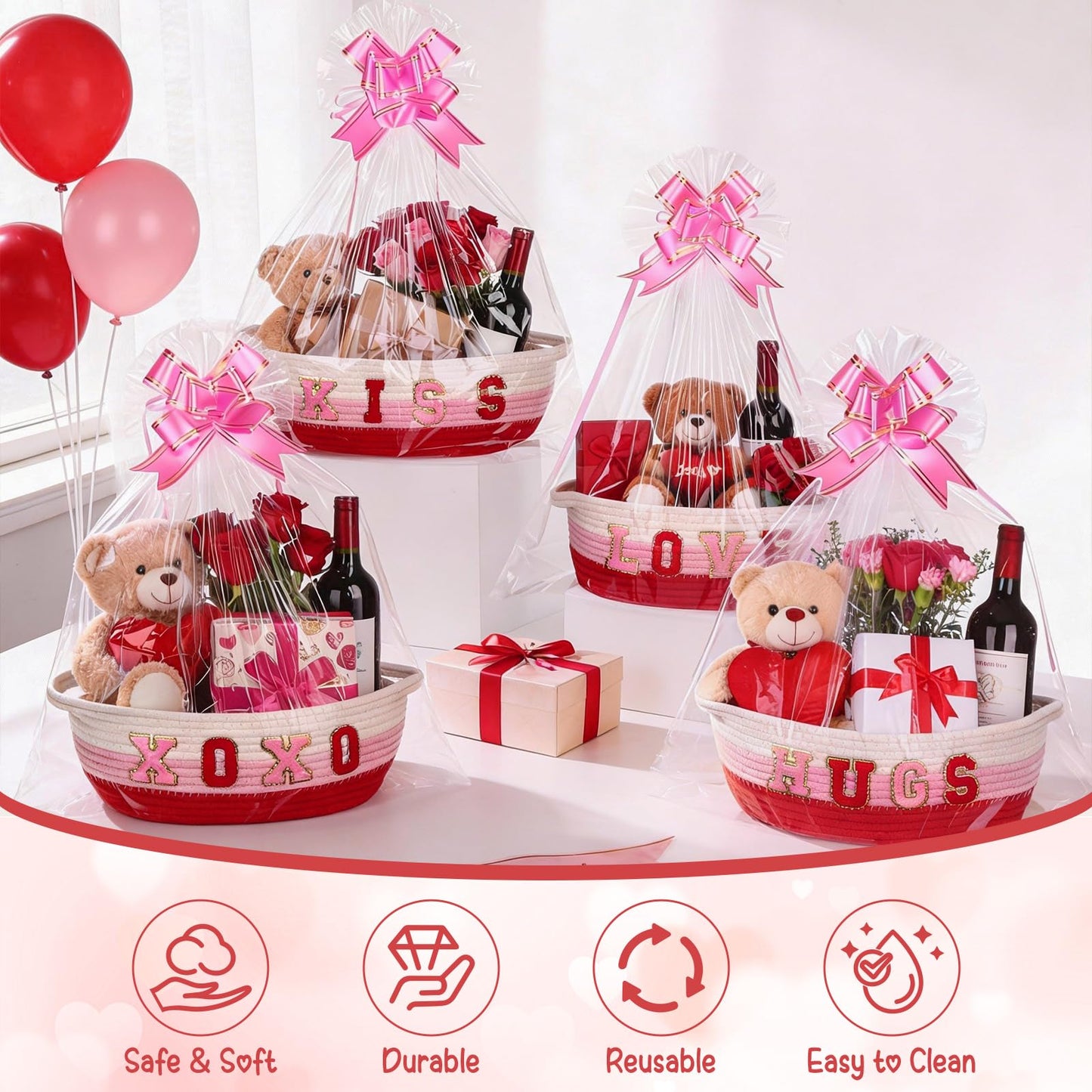8 Set Valentines Day Gift Basket Woven Empty Basket with Cellophane Bags Pull Bow Greeting Card & Letter Stickers Empty Decorative Gifts Chest Box with Handles for Party Favors Baby Shower (Small)
