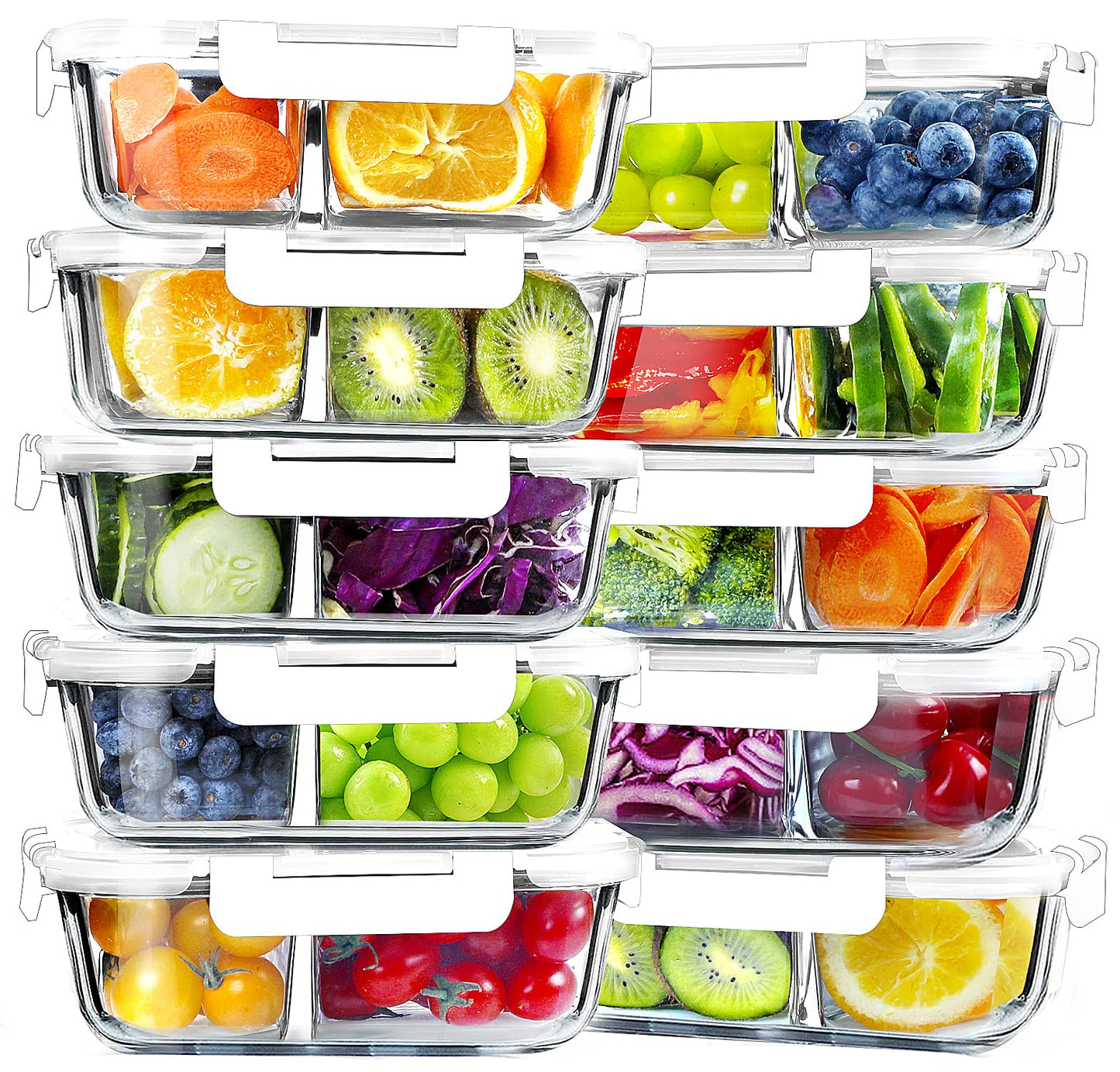 VERONES 10 Pack Glass Meal Prep Containers 2 Compartment Set, 30 OZ Airtight Glass Lunch Containers, Glass Food Storage Containers with Lids, for Microwave, Oven, Freezer & Dishwasher Friendly，White