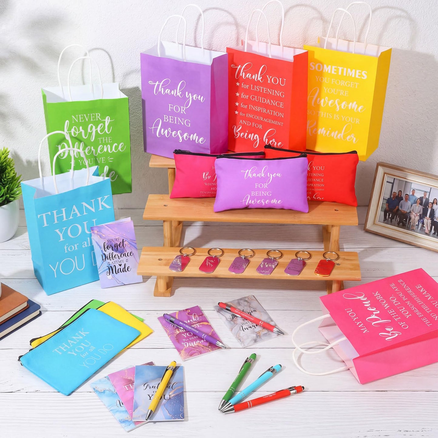 30 Pcs Volunteer Appreciation Gifts Bulk Include 6 Inspirational Makeup Bag 6 Colorful Gift Bag 6 Keychain 6 Marble Notepad and 6 Bamboo Ballpoint Pen for Staff Team Volunteer Week