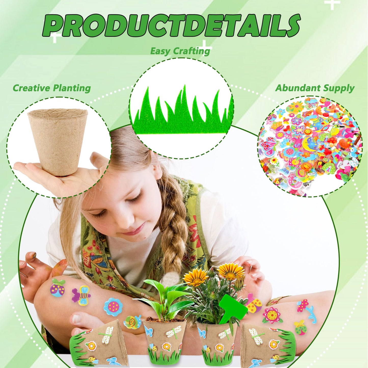 40 Set Garden Paper Craft Kit Include Round Paper Flowerpots Stickers Customized Self Adhesive Small Grass Labels DIY Flower Planting Pots Kit for Flower Plant Spring Summer Earth Day DIY Crafts
