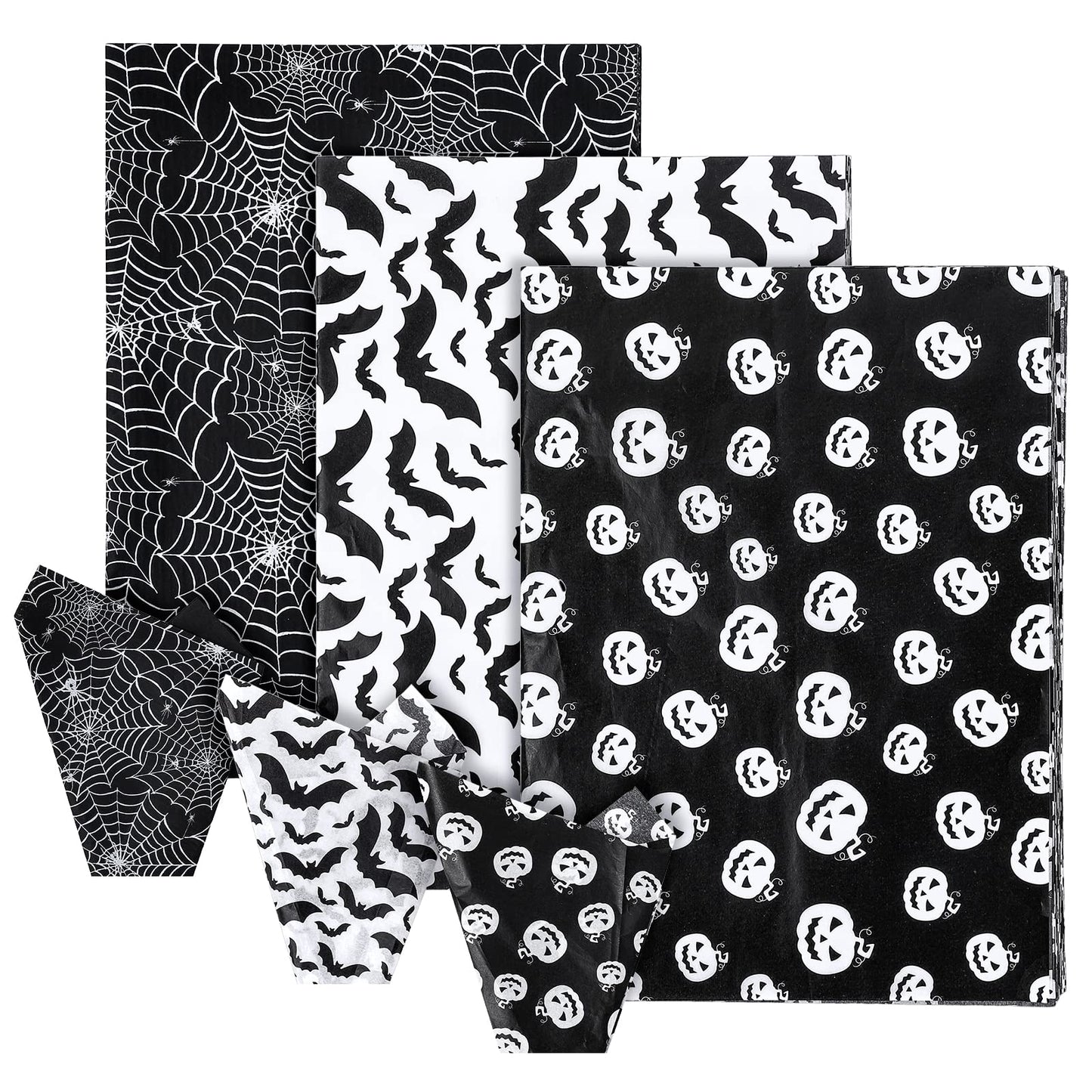 Whaline 120 Sheet Halloween Tissue Paper Black and White Wrap Tissue Paper with Cobweb Bat Pumpkin Pattern Gift Wrapping Paper for Fall Halloween Party Gift Packing DIY Craft, 13.8 x 19.7 Inch