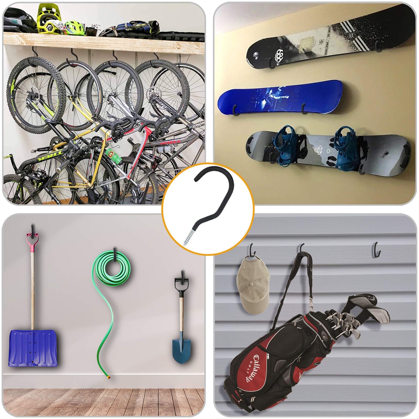 KURUI Heavy Duty Screw in Hooks for Hanging, 12 Pack Bike Hooks for Garage Wall with Screw Anchors, Wall Mount Bicycle Storage for Ceiling, Large Black Plant Hooks for Ceiling