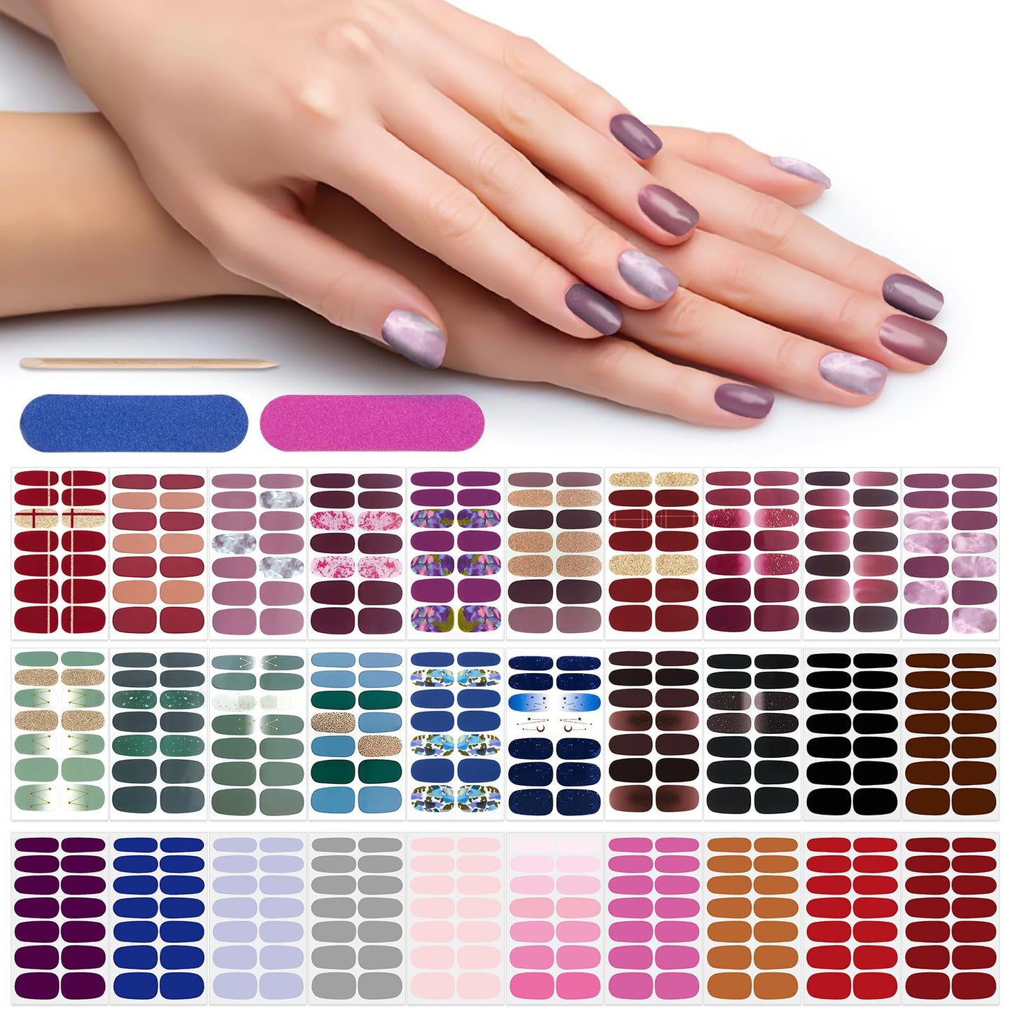 DANNEASY 420pcs/30 Sheets Nail Strips, UV Free Self-Adhesive Gel Nail Wraps, Solid & Mix Design, Multicolor, Minimalist, Tropical, Nail Art Stickers & Decals for Women, Nails