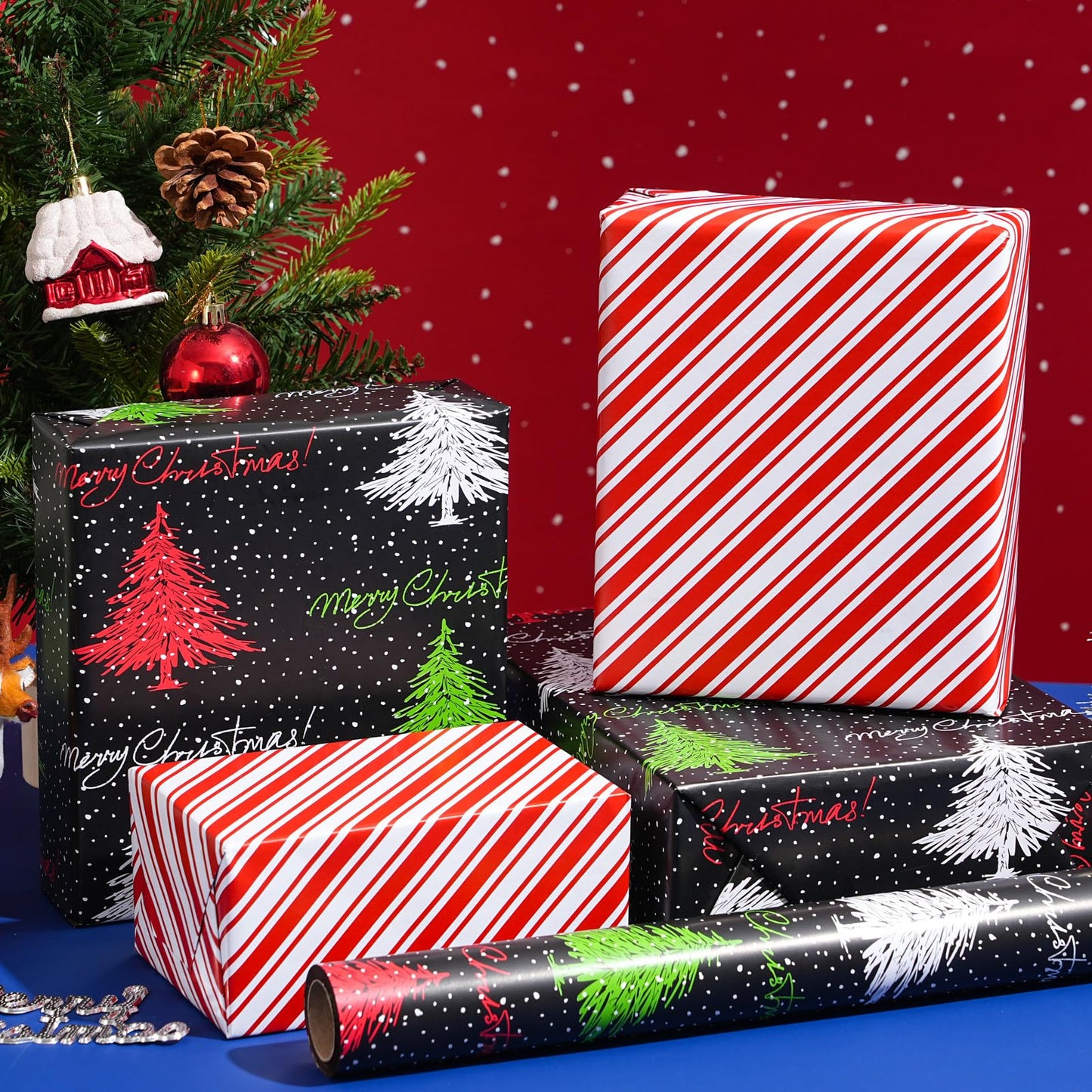ZINTBIAL Christmas Tree Reversible Wrapping Paper Roll - Gift Wrap with Red & White Stripes on Reverse - Perfect for Holidays, Birthdays, and Halloween - 17.5 in x 33 ft (48 sq. ft)