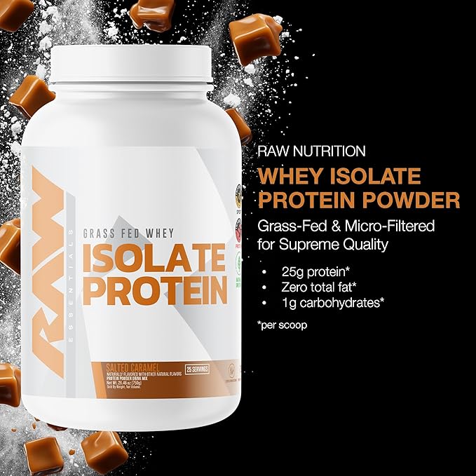 RAW Whey Isolate Protein Powder, Salted Caramel - 100% Grass-Fed Sports Nutrition Whey Protein Powder for Muscle Growth & Recovery - Low-Fat, Low Carb, Naturally Flavored & Sweetened - 25 Servings