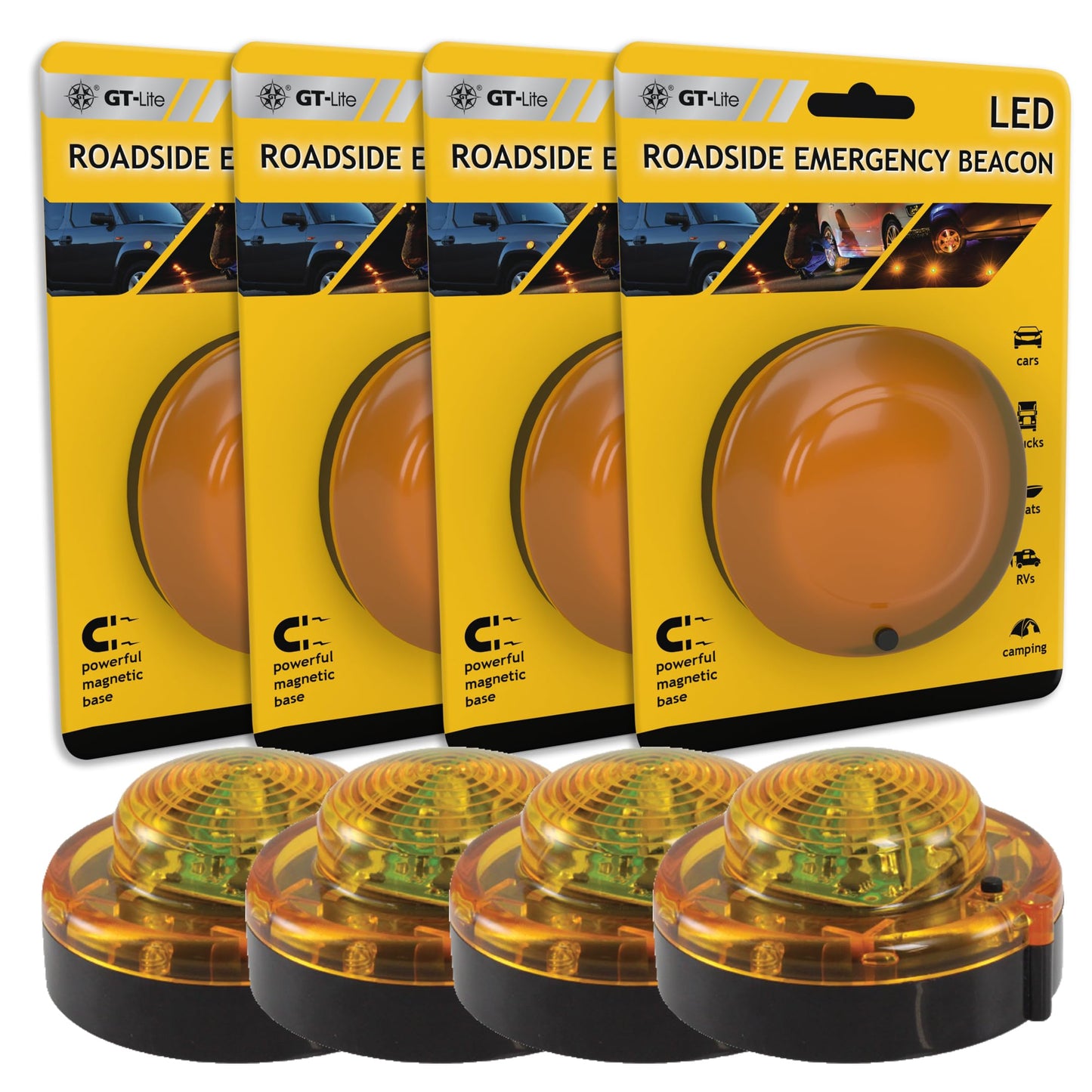 GT-Lite 4 Pack LED Emergency Beacon Yellow,Roadside Flare,Magnetic Base,2 Modes Flash and Steady,for Car Emergency Kit or Amish Buggy,RV,Boat,Crush Resistant,Water Resistant
