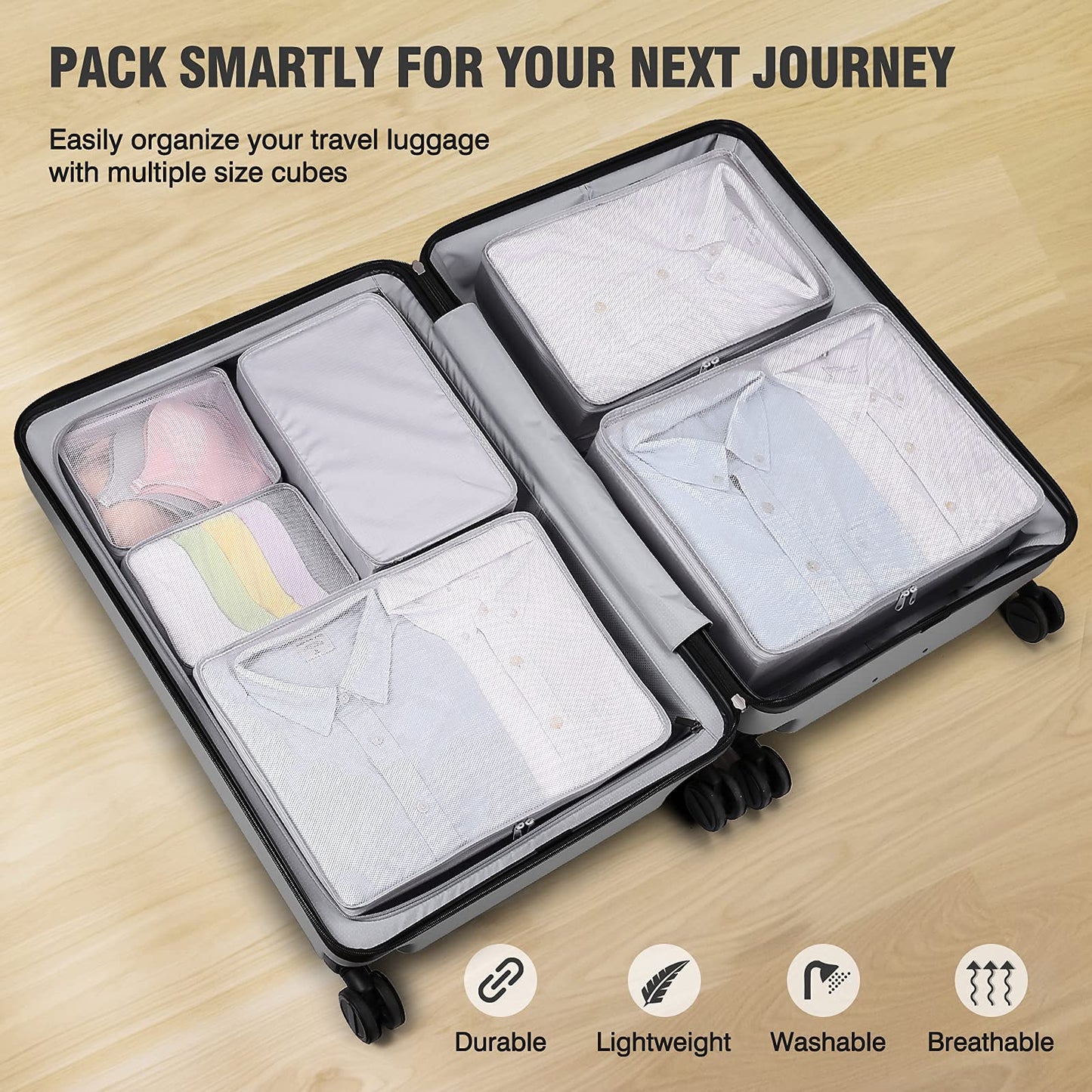 Suitcase Organizer,Mossio 6 Pack Travel Essential for Clothes Cosmetics Toiletries Grey