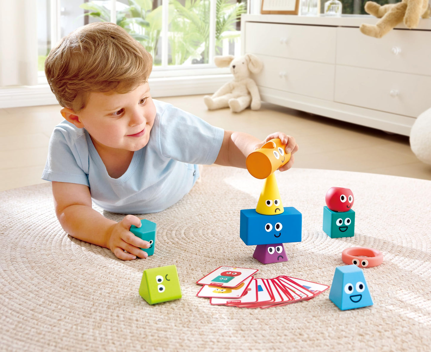 Hape Montessori Stacking Blocks - 10 Pcs Geometric Shapes & 16 Challenge Cards, Multi-Sensory STEM Toy for Toddlers 1-5, Develops Fine Motor Skills & Spatial Thinking, Silicone, Wood & Plastic