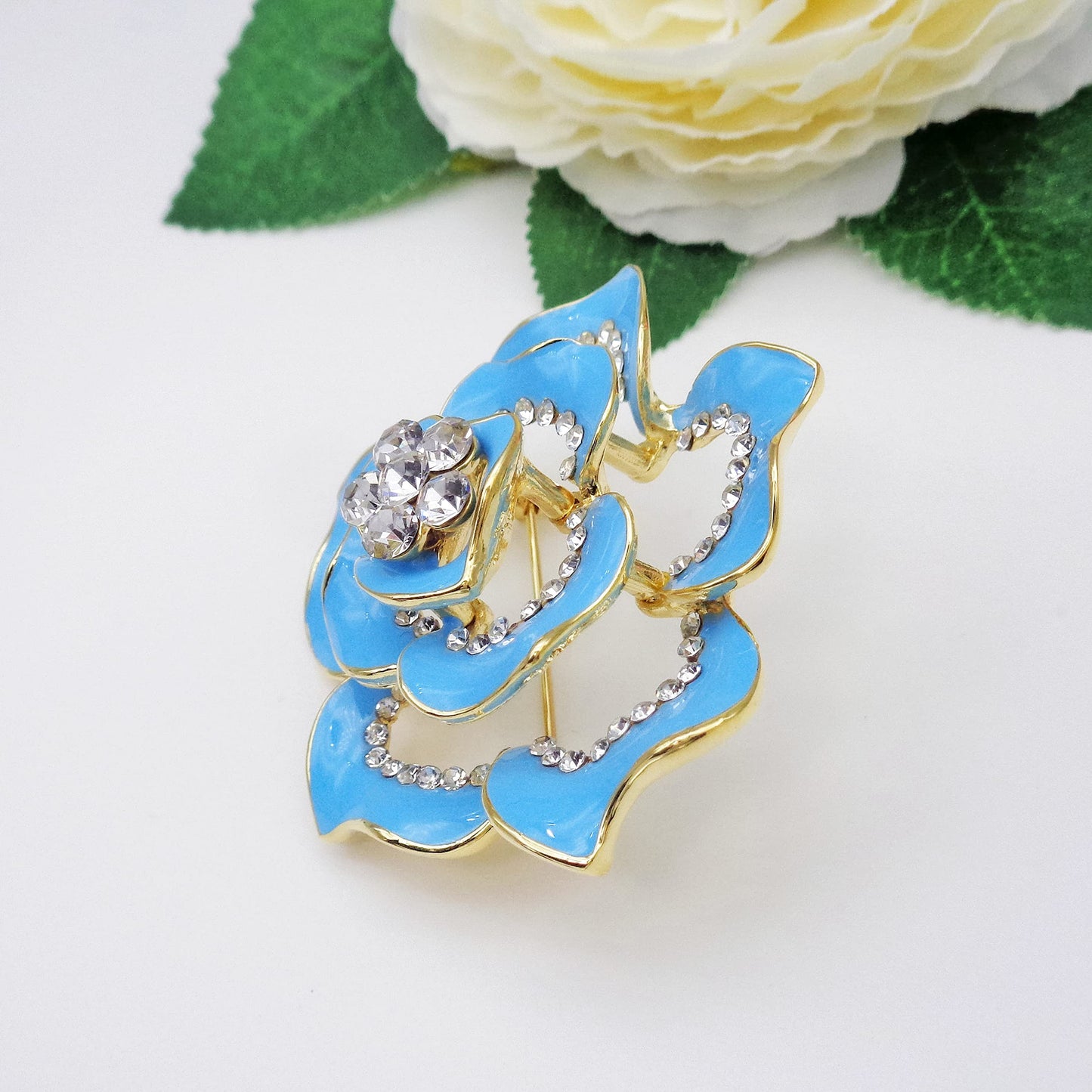 Navachi 18k Gold Plated Clear Crystal Blue Enamel Flower Az8007b Brooch pin