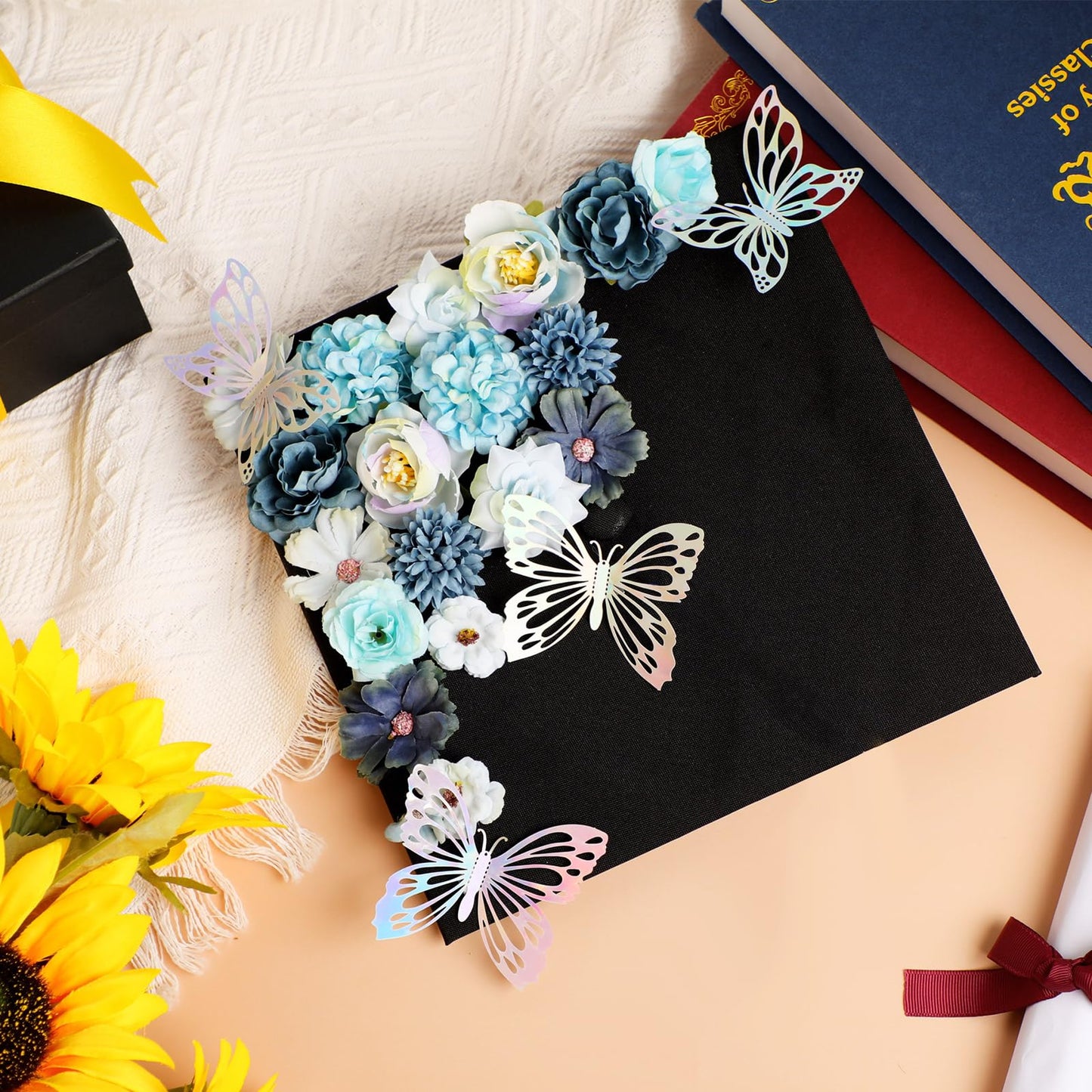 Canlierr 32 Pcs DIY Graduation Cap Decorations Accessory Kit Include Faux Flower Heads 3D Butterfly Grad Cap Decorations(Blue Tone)