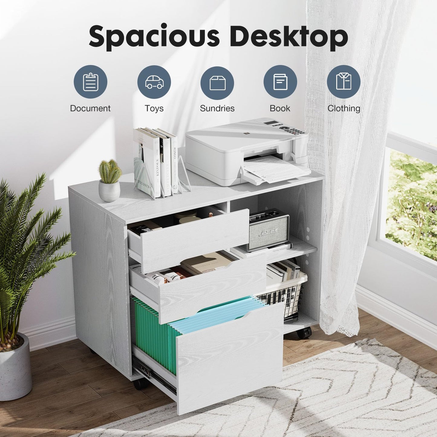 DUMOS Lateral File Cabinet with 3 Drawers Rolling Filing Cabinets Under Desk Storage Printer Stand Wood Organizer with Wheels Adjustable Shelf for Office Home Small Space, White