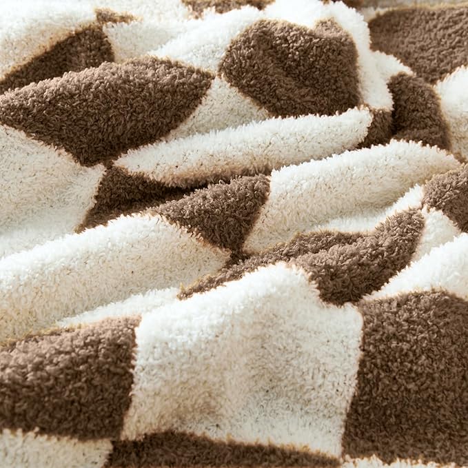 CozeCube Checkered Blanket, Ultra Soft Cozy Dark Brown and White Throw Blanket, Warm Cozy Knit Fuzzy Plush Checkerboard Throw for Couch Bed Sofa, 50"x60"