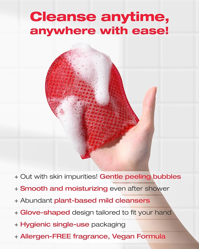 Exfoliating Bubble Body Wash Vegan Korean Scrub Glove with AHA Allergen-Free Bubble Cleansing Foam for Keratosis Pilaris & Nourishing Essential Body Care - (5 Pads)