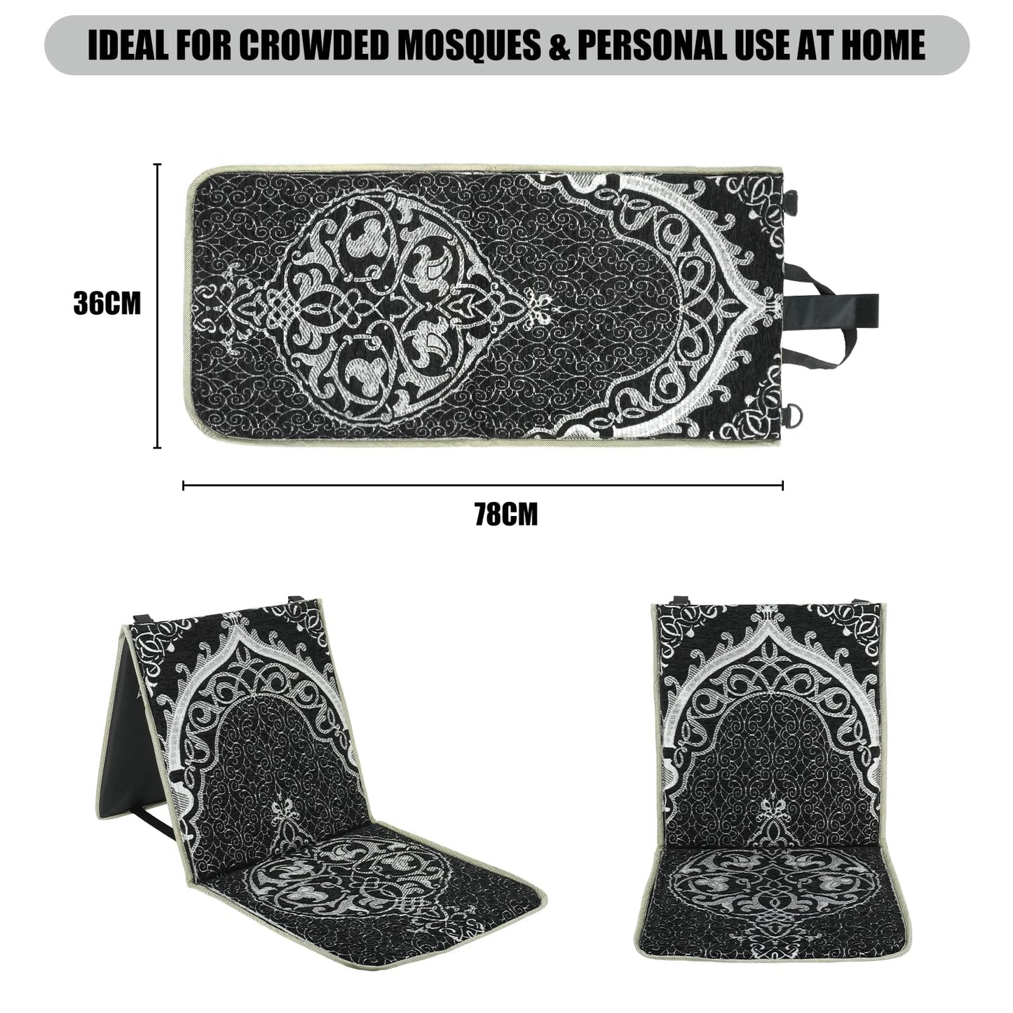 Qianliniuinc Portable Prayer Mat, Foldable Prayer Rug with Backrest, 36x78cm Islamic Prayer Mat, Includes Kufi Hat & 99 Beads Tasbih, Meditation Rug for Muslim, Ramadan Gift Set (Black)