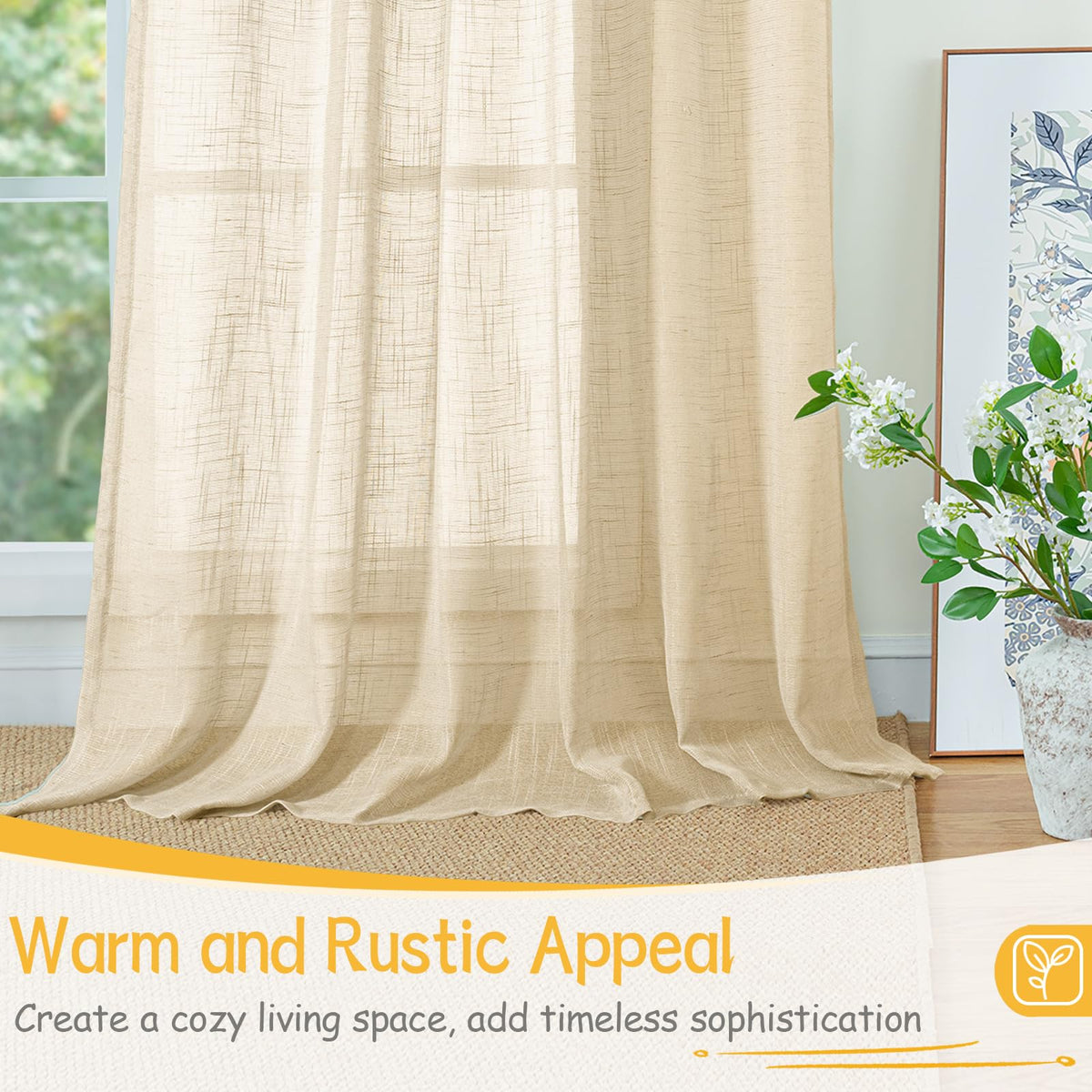 Tan Linen Semi Sheer Curtains 34 X 40 Inch for Kitchen Window (2 Count)