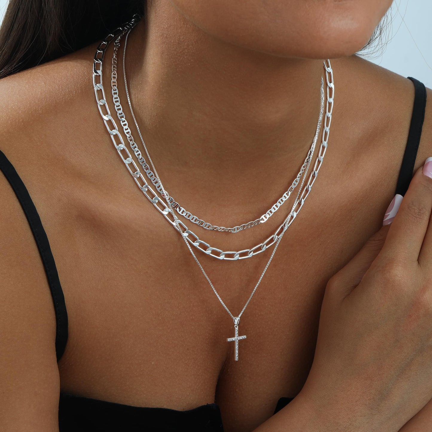 Kyerlyn Silver Necklaces for Women, Sterling Silver Stackable Stack Cross Choker Necklaces for Women Trendy Layering Box Flat Mariner Chain CZ Pendant Chain Set Jewelry Gift