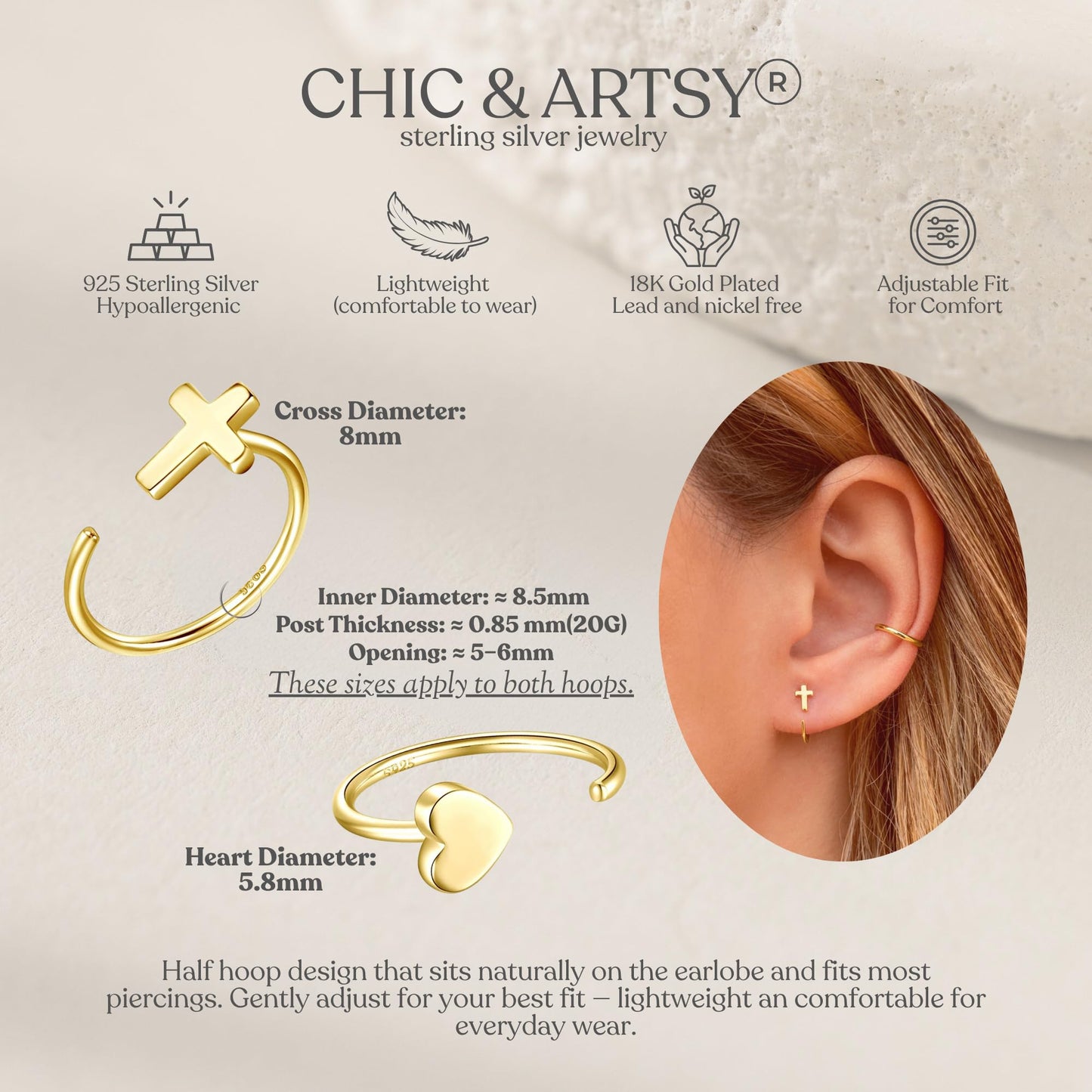Huggie 18K Gold Plated 925 Sterling Silver Cross Heart Hug Hoops Earrings for Women Tiny Open Hoop Set 2 Pairs